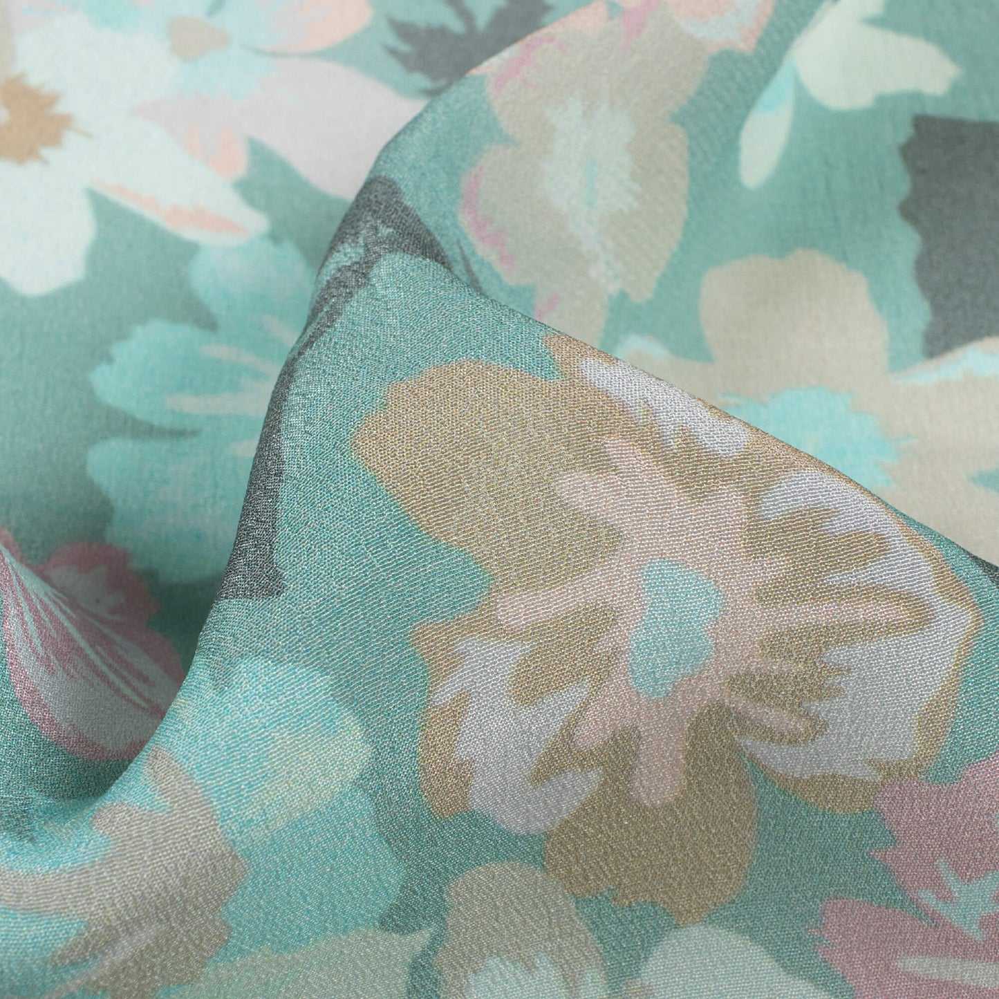 Stone Blue And Pale Pink Floral Pattern Digital Print Viscose Natural Crepe Fabric
