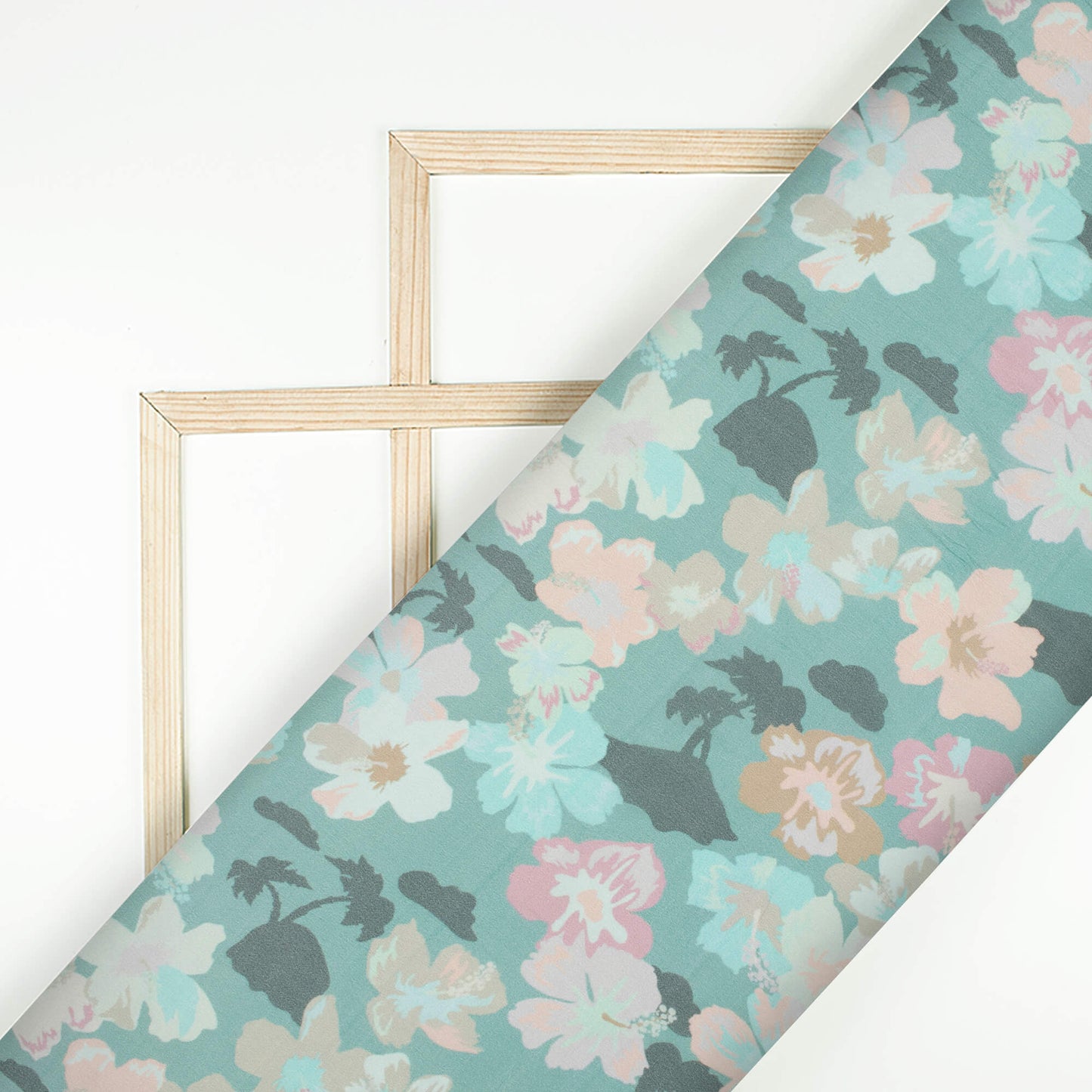 Stone Blue And Pale Pink Floral Pattern Digital Print Viscose Natural Crepe Fabric