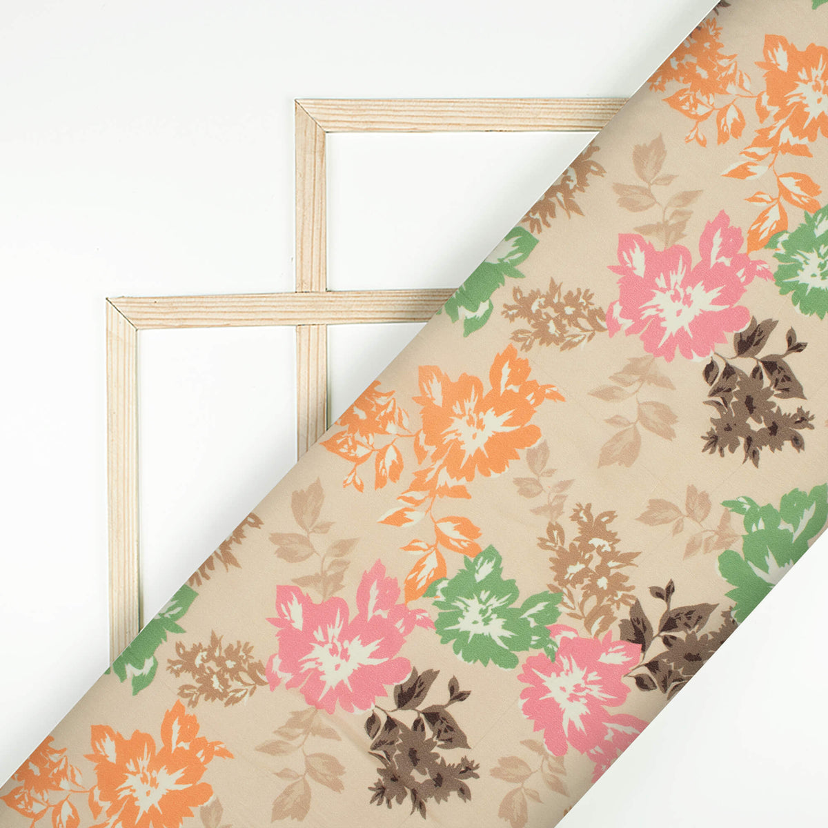 Artichock Green And Thulian Pink Floral Pattern Digital Print Viscose Natural Crepe Fabric