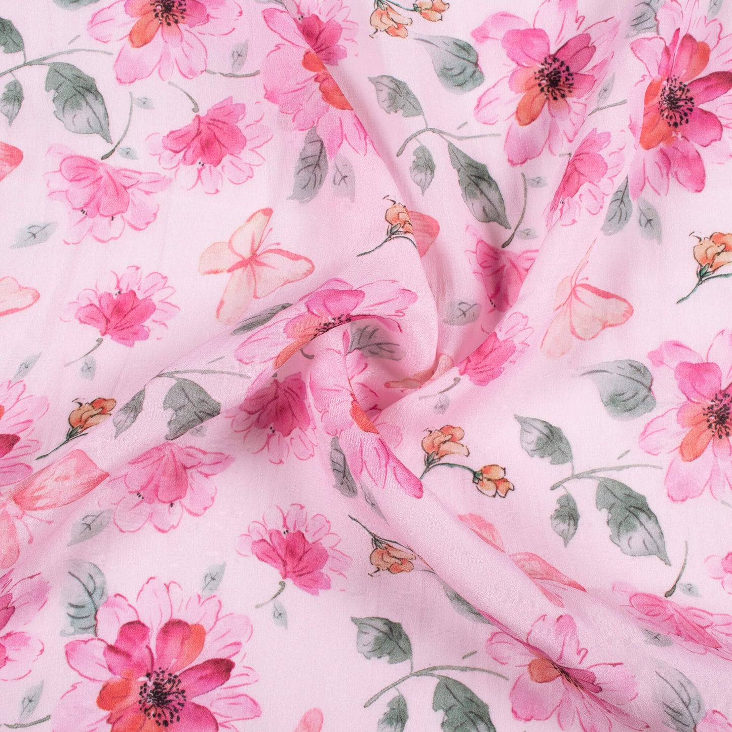 Taffy Pink And Swamp Green Floral Pattern Digital Print Viscose Natural Crepe Fabric