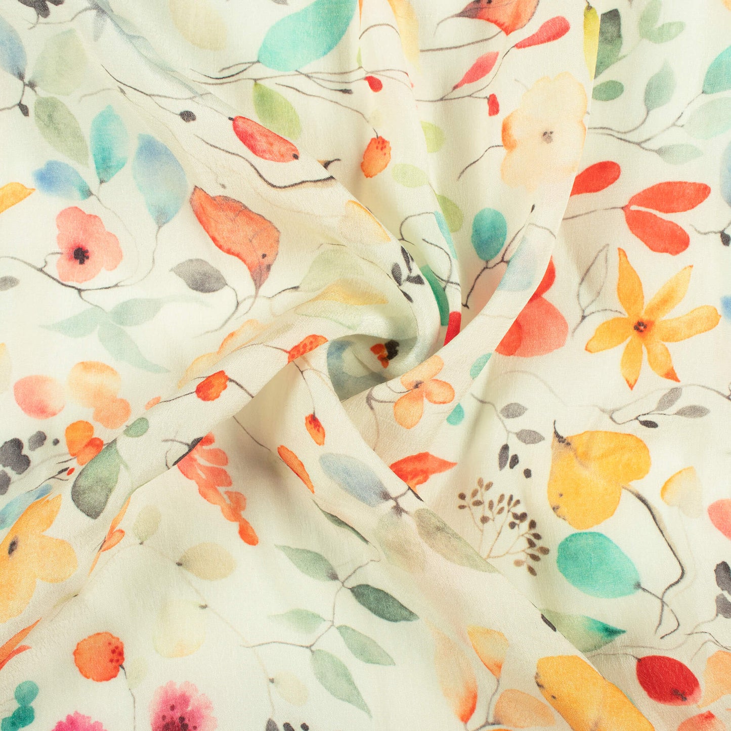 Pastel Yellow And Salmon Orange Floral Pattern Digital Print Viscose Natural Crepe Fabric