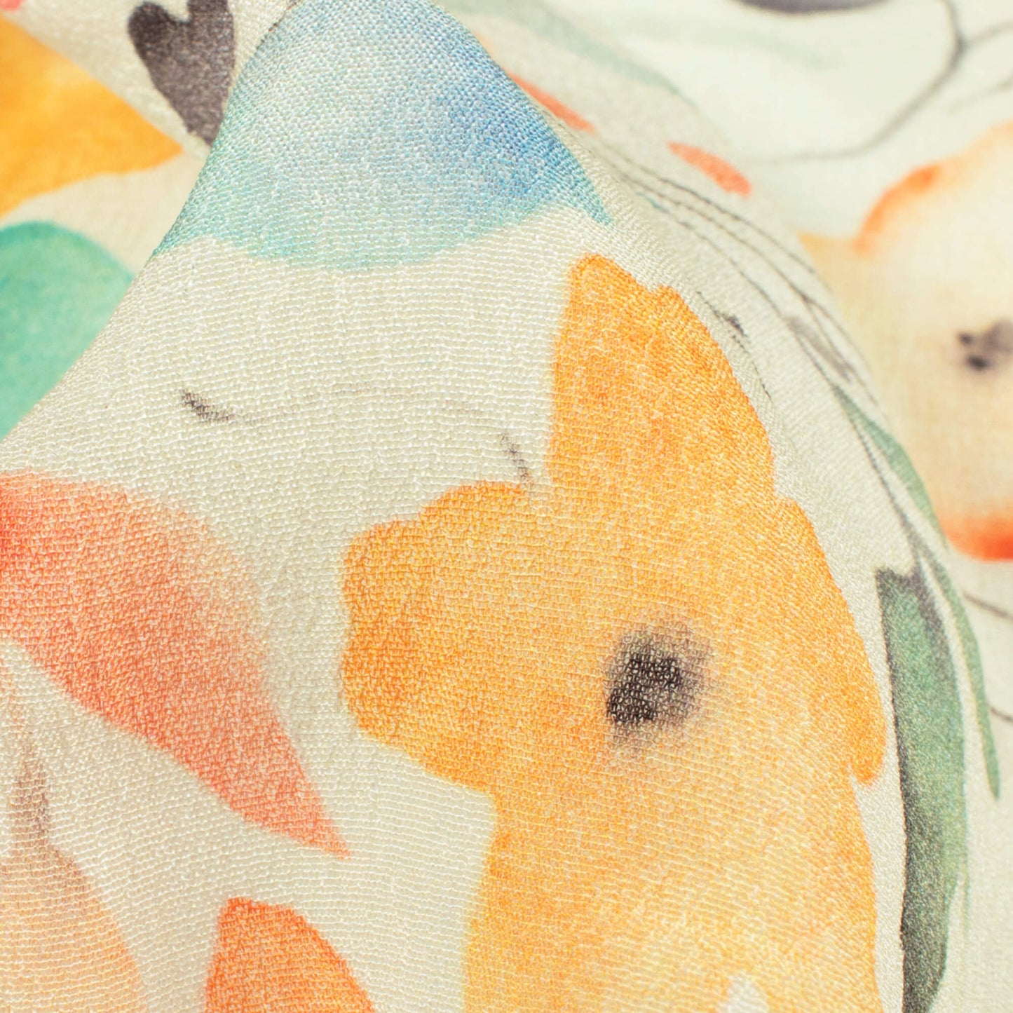 Pastel Yellow And Salmon Orange Floral Pattern Digital Print Viscose Natural Crepe Fabric