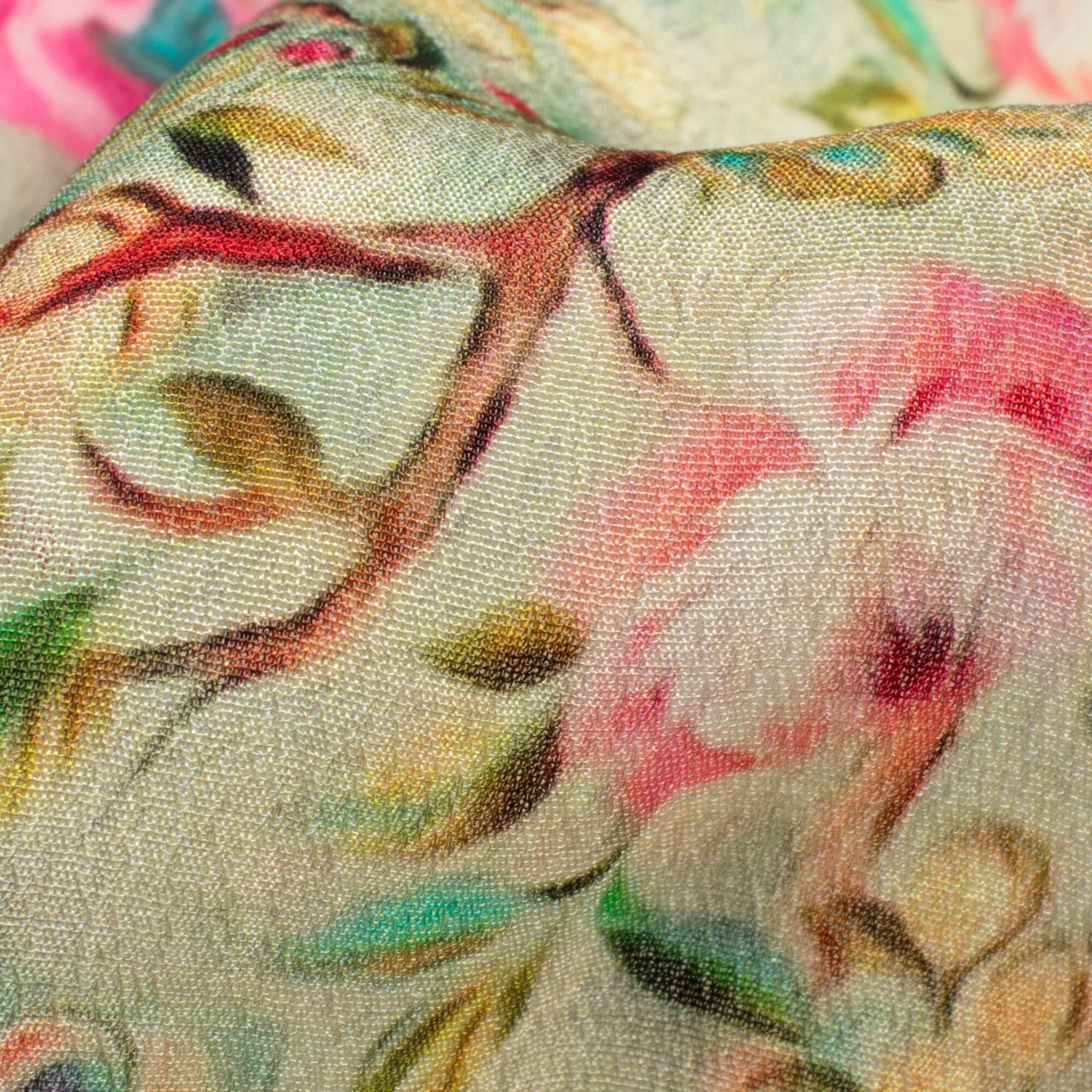 Laurel Green And Pink Floral Pattern Digital Print Viscose Natural Crepe Fabric