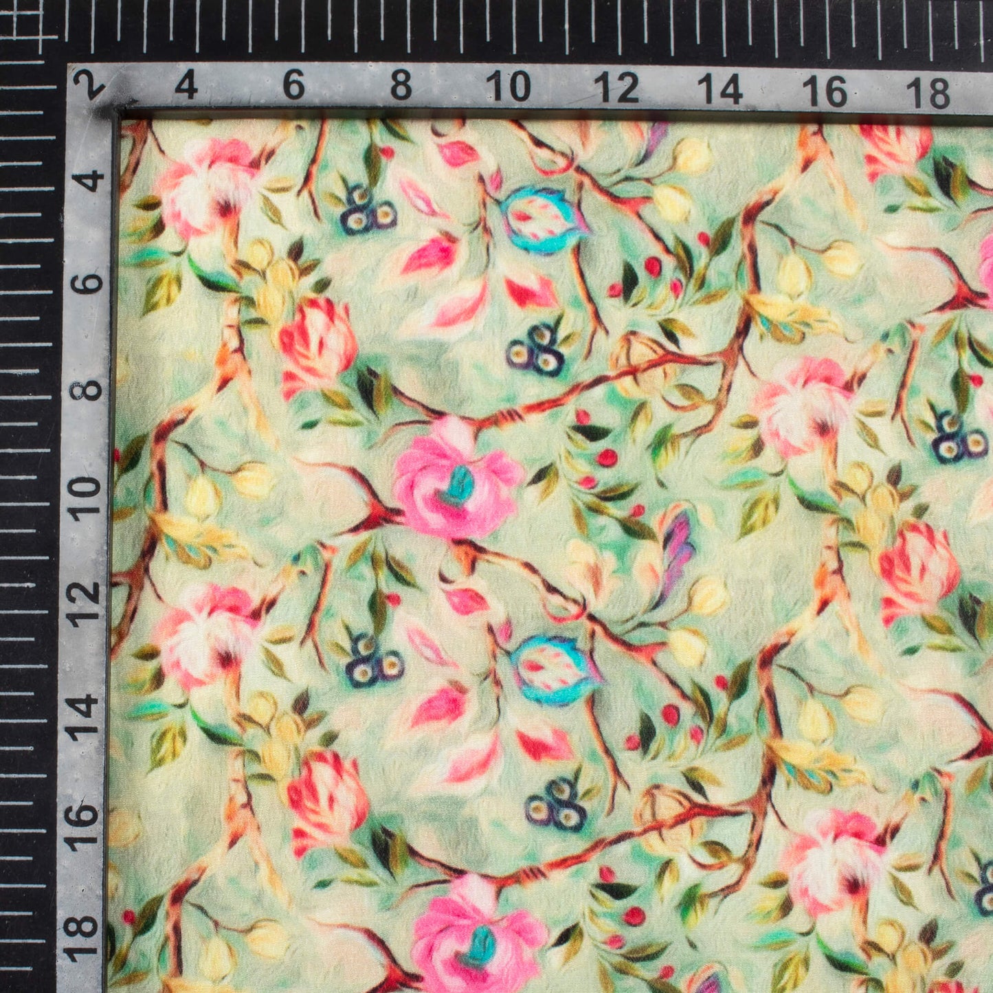 Laurel Green And Pink Floral Pattern Digital Print Viscose Natural Crepe Fabric