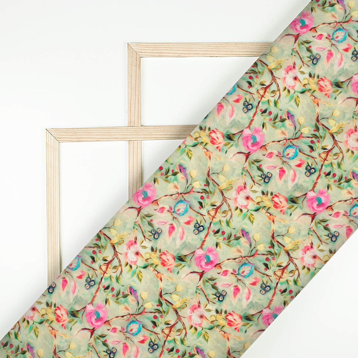 Laurel Green And Pink Floral Pattern Digital Print Viscose Natural Crepe Fabric