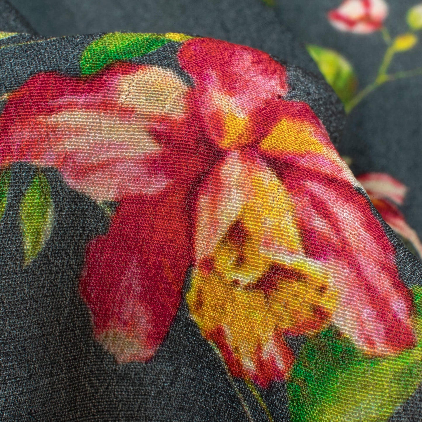 Dark Grey and Red Floral Pattern Digital Print Viscose Natural Crepe Fabric