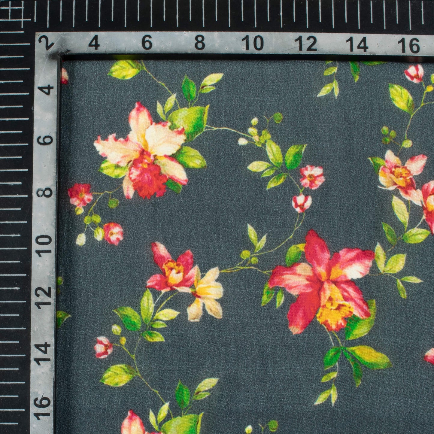 Dark Grey and Red Floral Pattern Digital Print Viscose Natural Crepe Fabric