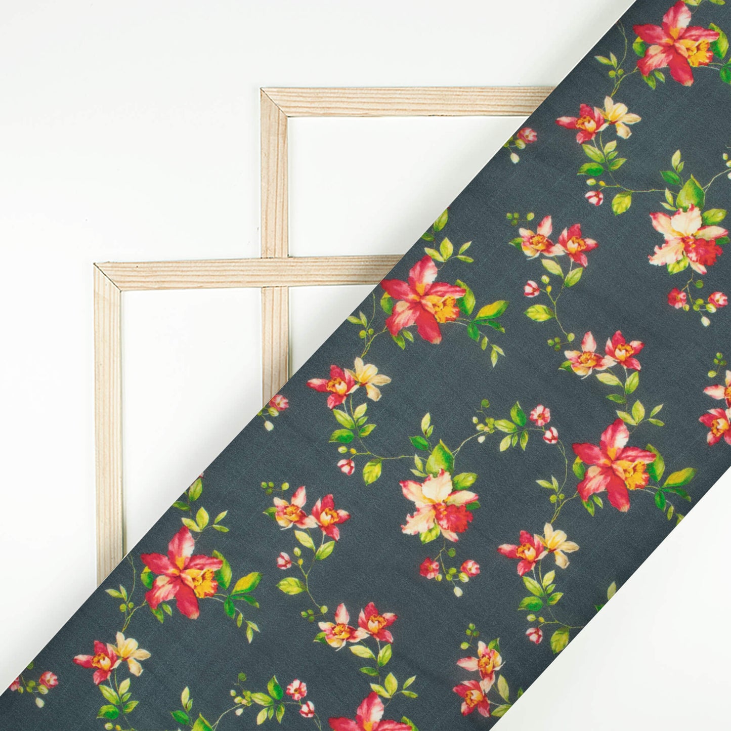 Dark Grey and Red Floral Pattern Digital Print Viscose Natural Crepe Fabric