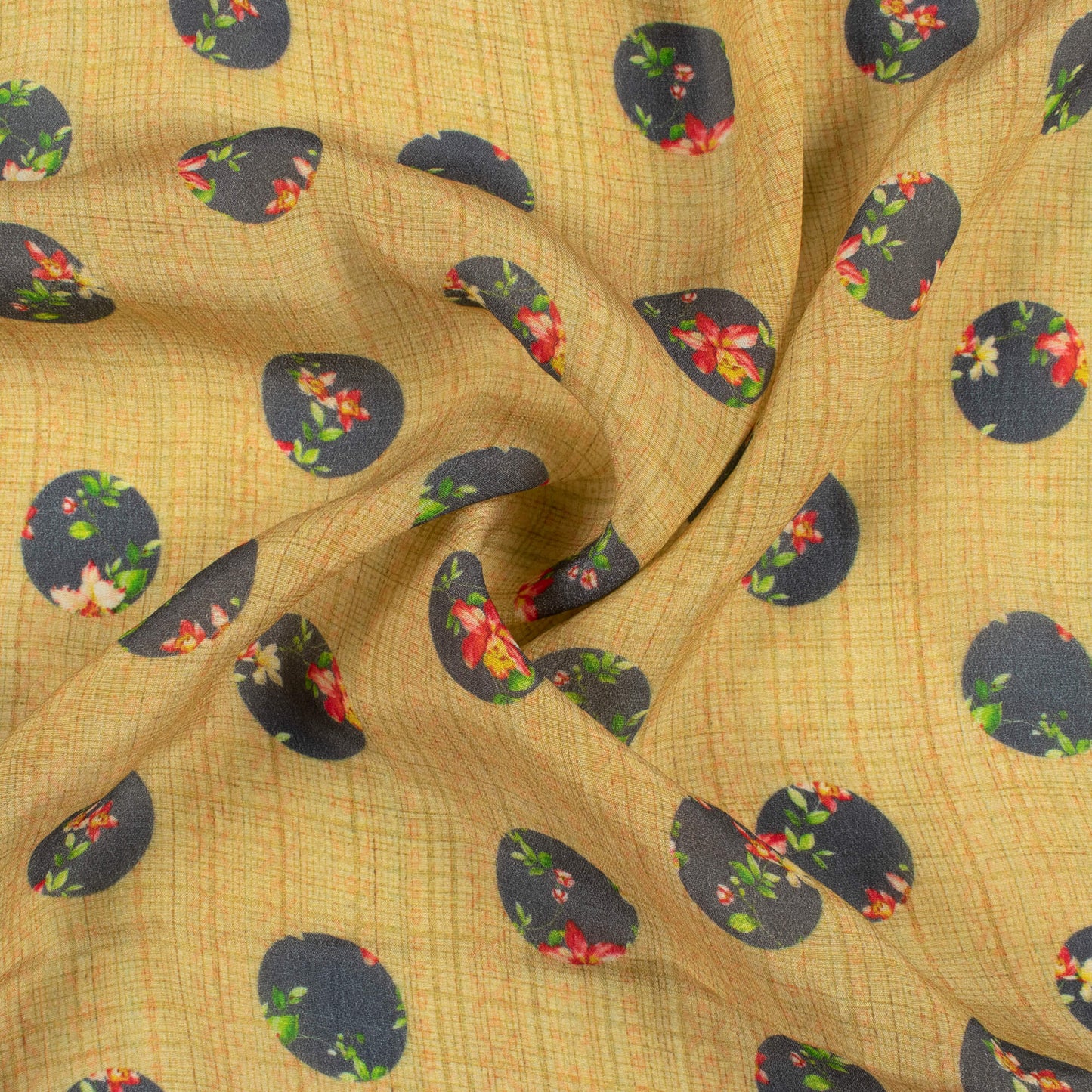 Flaxen Yellow And Grey Polka Dots Pattern Digital Print Viscose Natural Crepe Fabric