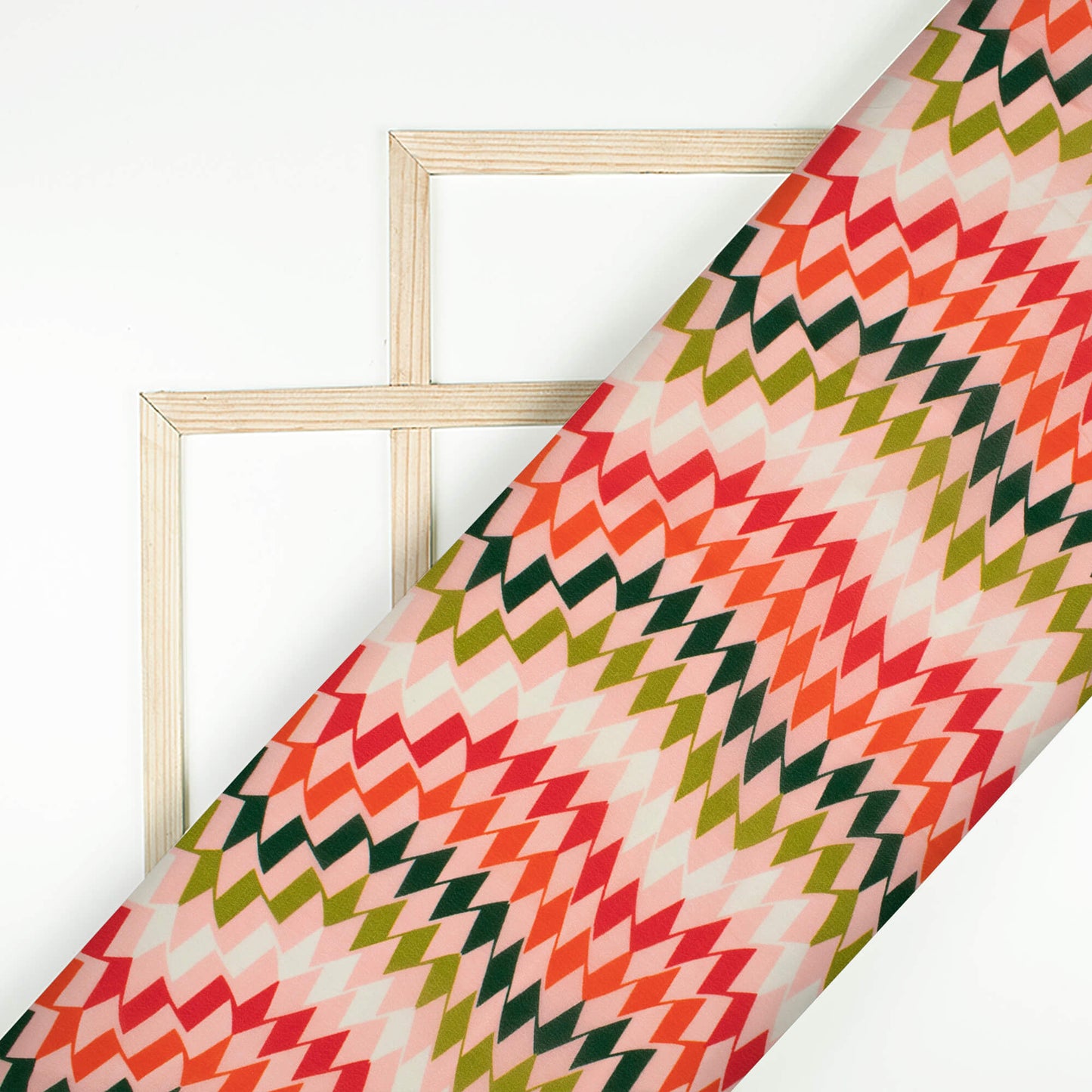 Flamingo Pink and Red Chevron Pattern Digital Print Viscose Natural Crepe Fabric