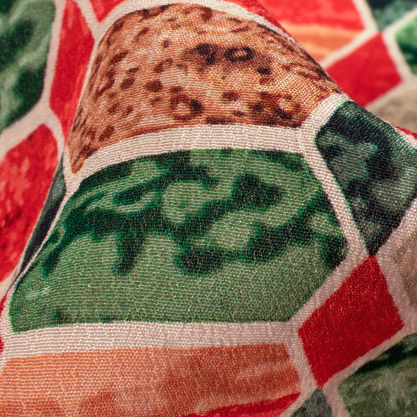 Vermilion Red And Sacramento Green Geometric Pattern Digital Print Viscose Natural Crepe Fabric