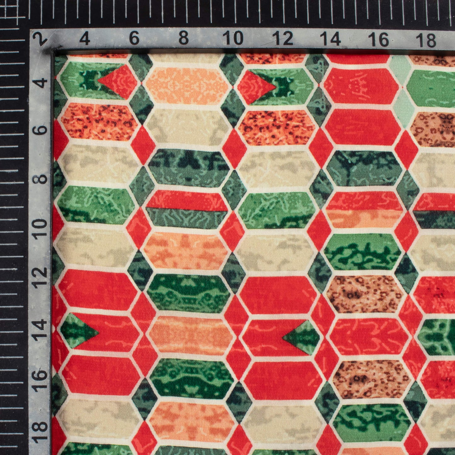 Vermilion Red And Sacramento Green Geometric Pattern Digital Print Viscose Natural Crepe Fabric
