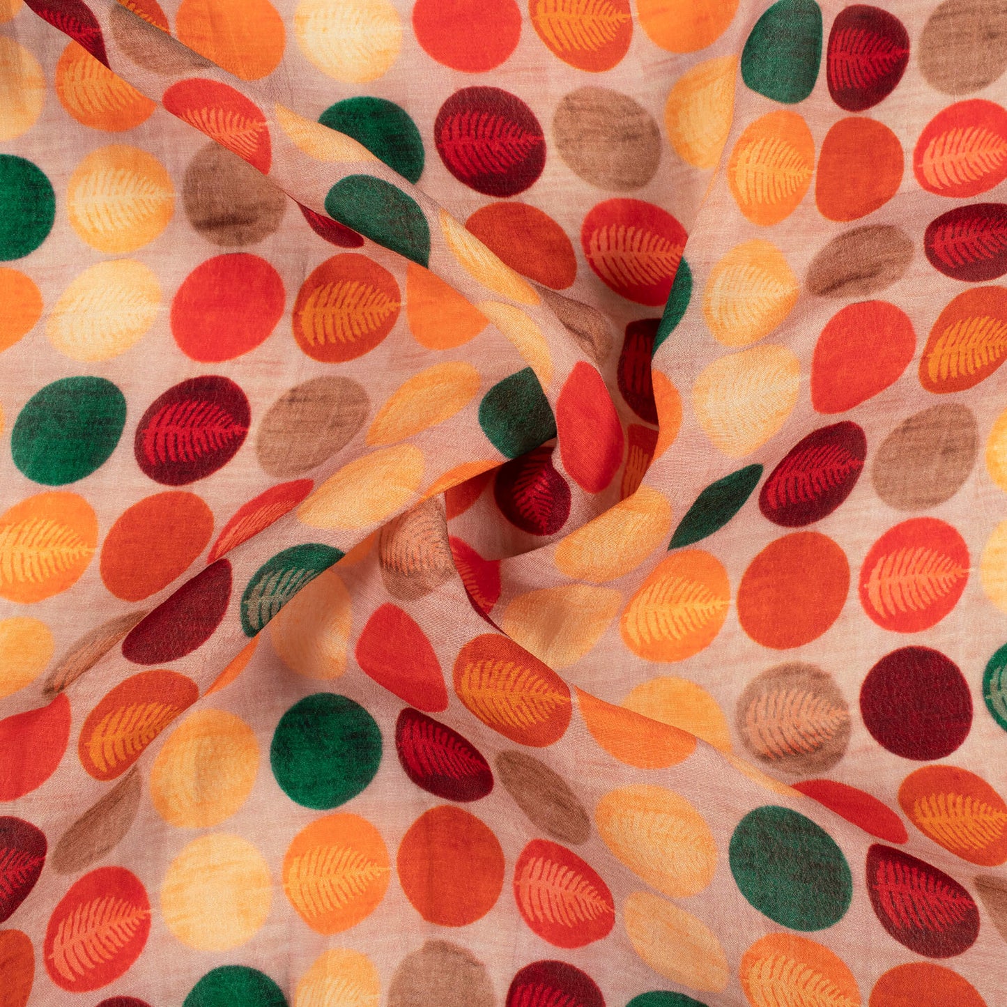 Linen Beige And Sangria Red Polka Dots Pattern Digital Print Viscose Natural Crepe Fabric