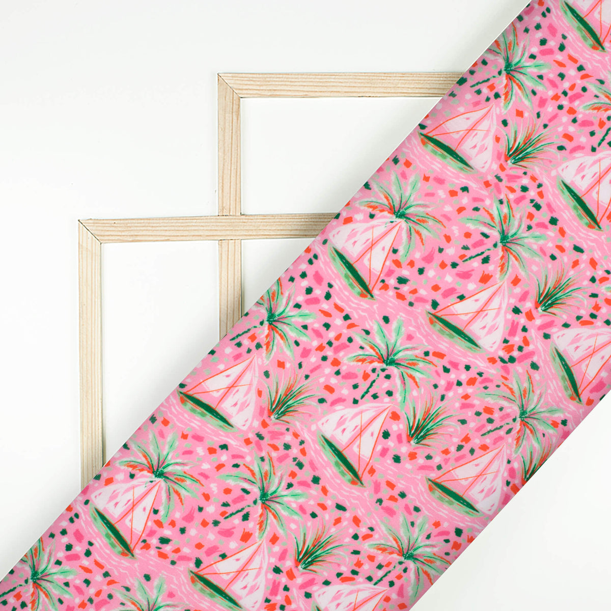 Taffy Pink And Green Quirky Pattern Digital Print Viscose Natural Crepe Fabric