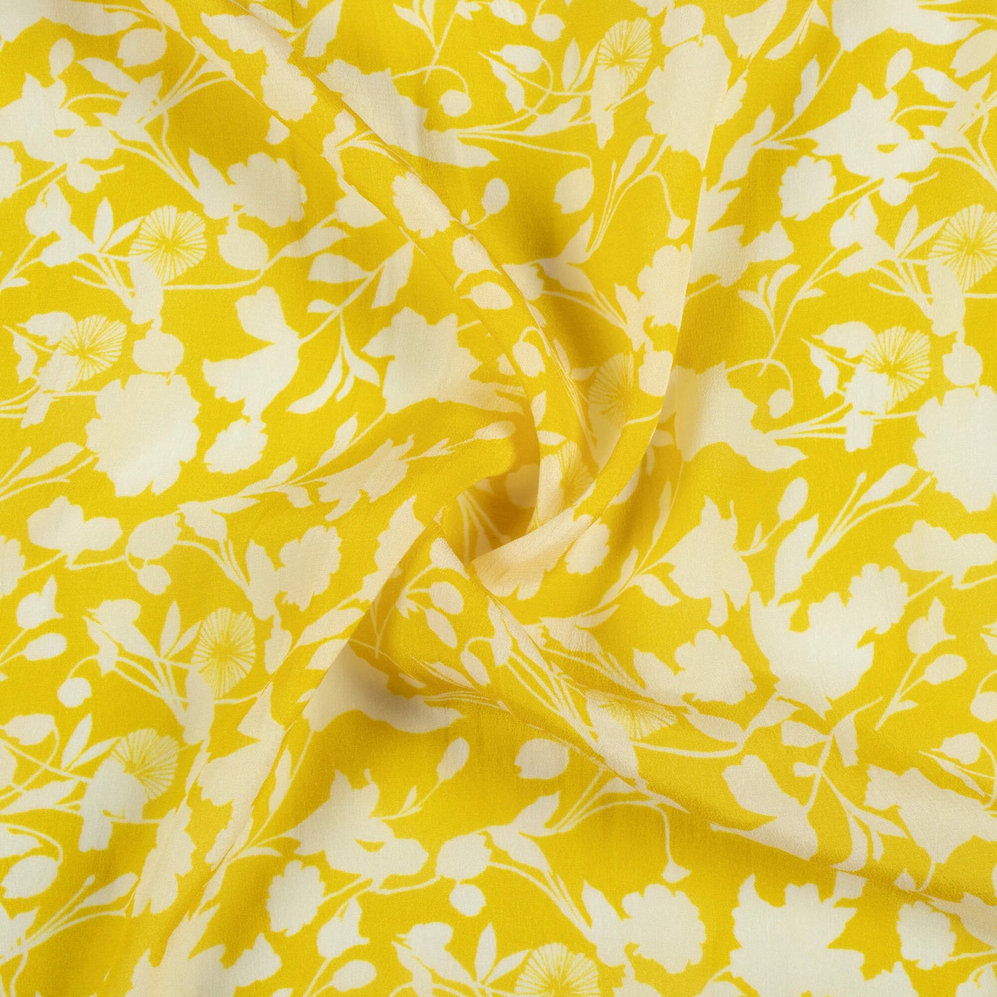 Bumblebee Yellow And White Floral Pattern Digital Print Viscose Natural Crepe Fabric