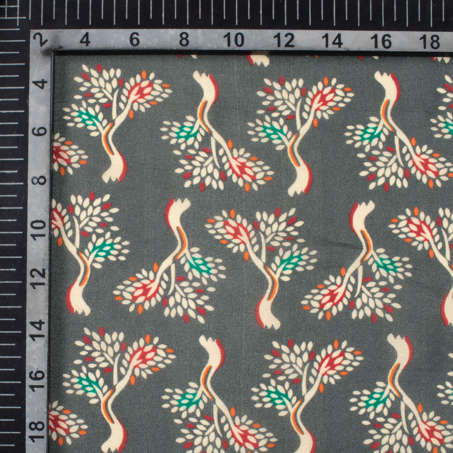 Grey And Maroon Leaf Pattern Digital Print Viscose Natural Crepe Fabric