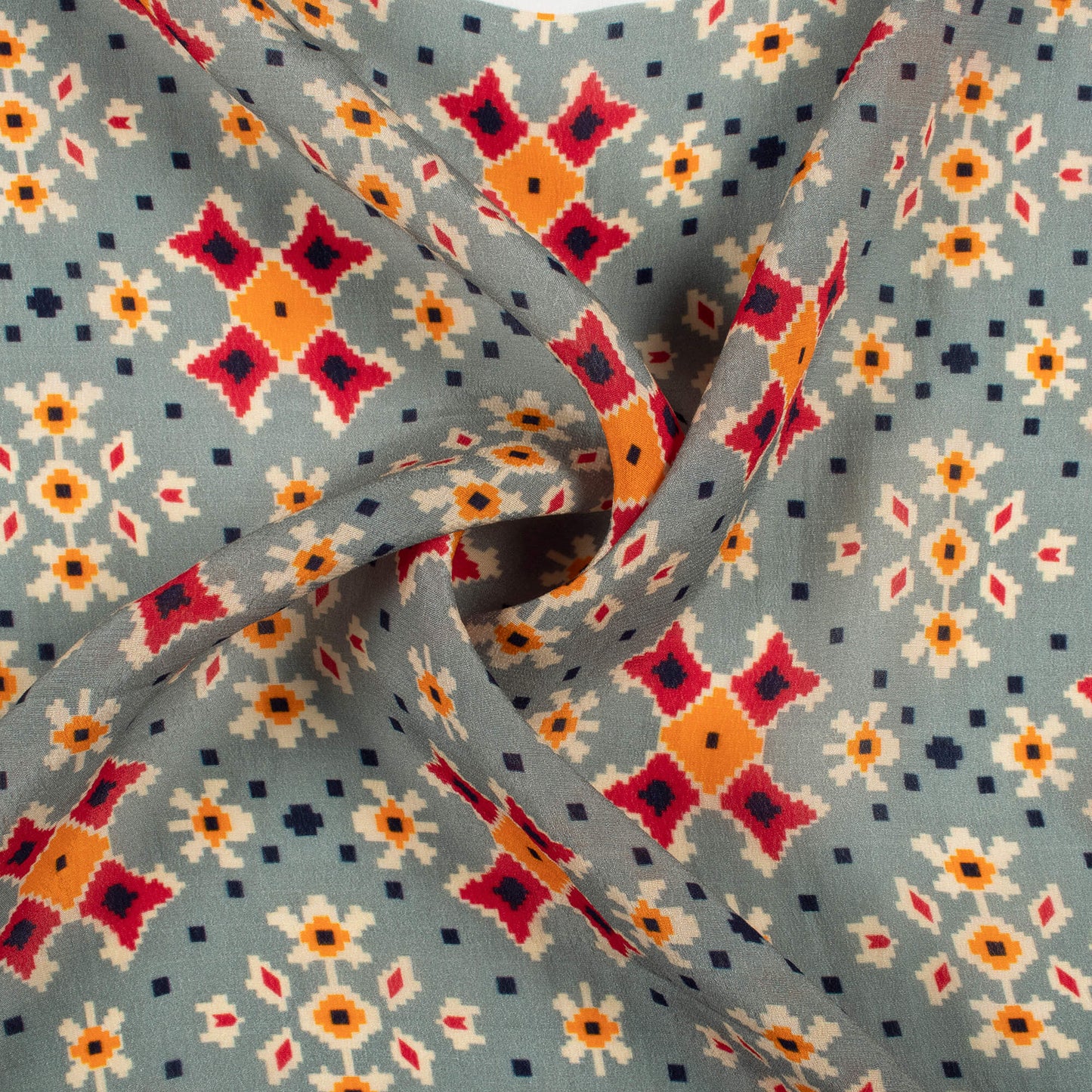 Pigeon Blue And Orange Patolaa Pattern Digital Print Viscose Natural Crepe Fabric