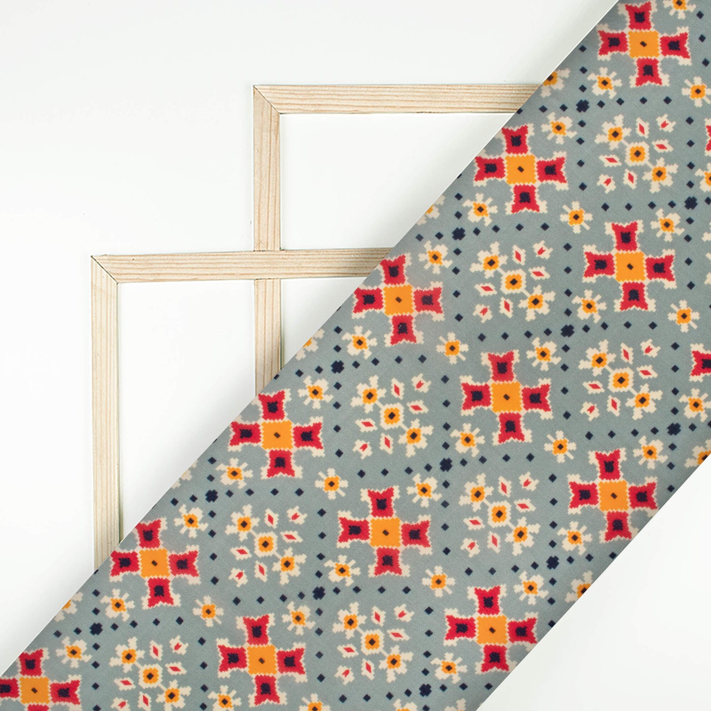 Pigeon Blue And Orange Patolaa Pattern Digital Print Viscose Natural Crepe Fabric