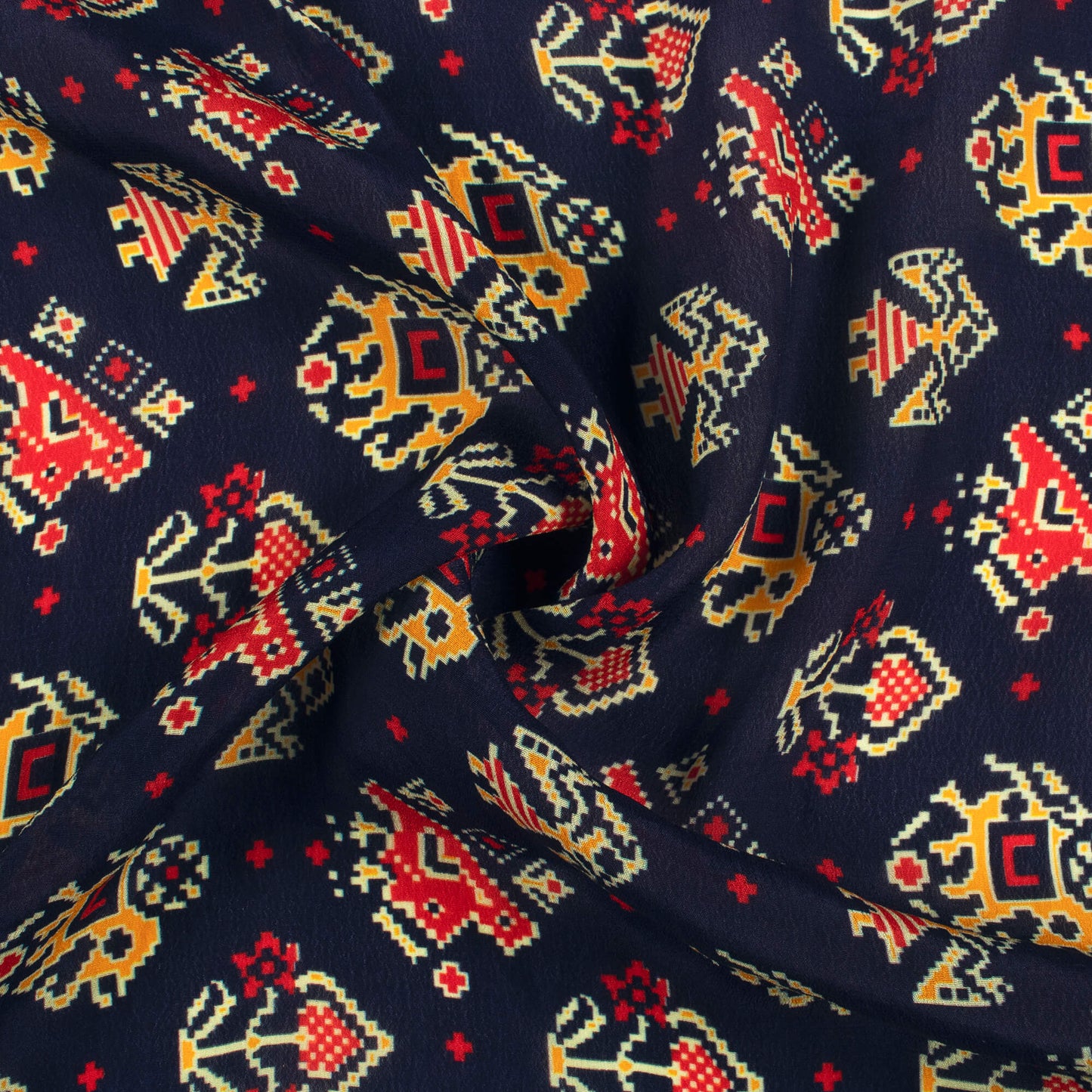 Navy Blue And Vermilion Red Patolaa Pattern Digital Print Viscose Natural Crepe Fabric
