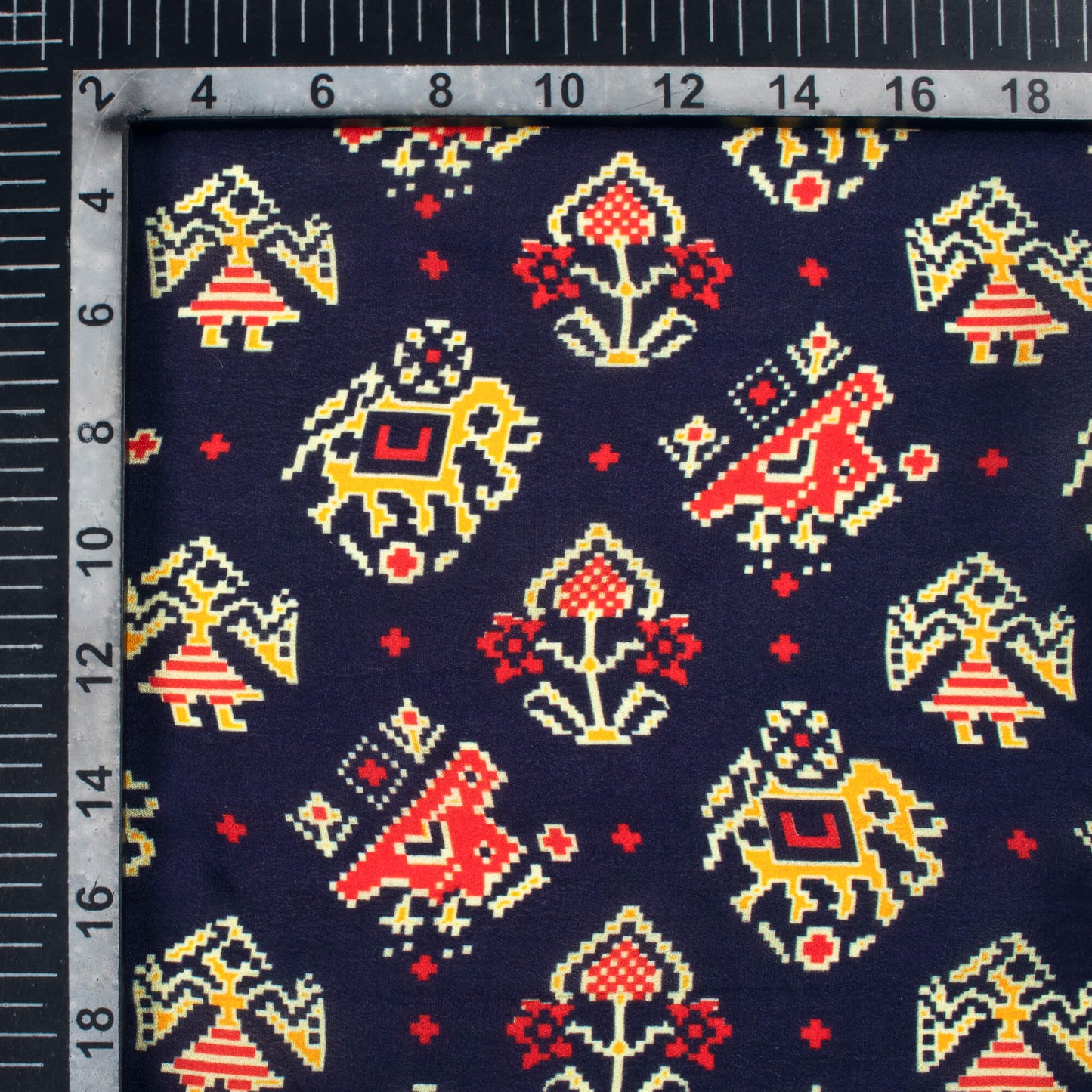 Navy Blue And Vermilion Red Patolaa Pattern Digital Print Viscose Natural Crepe Fabric