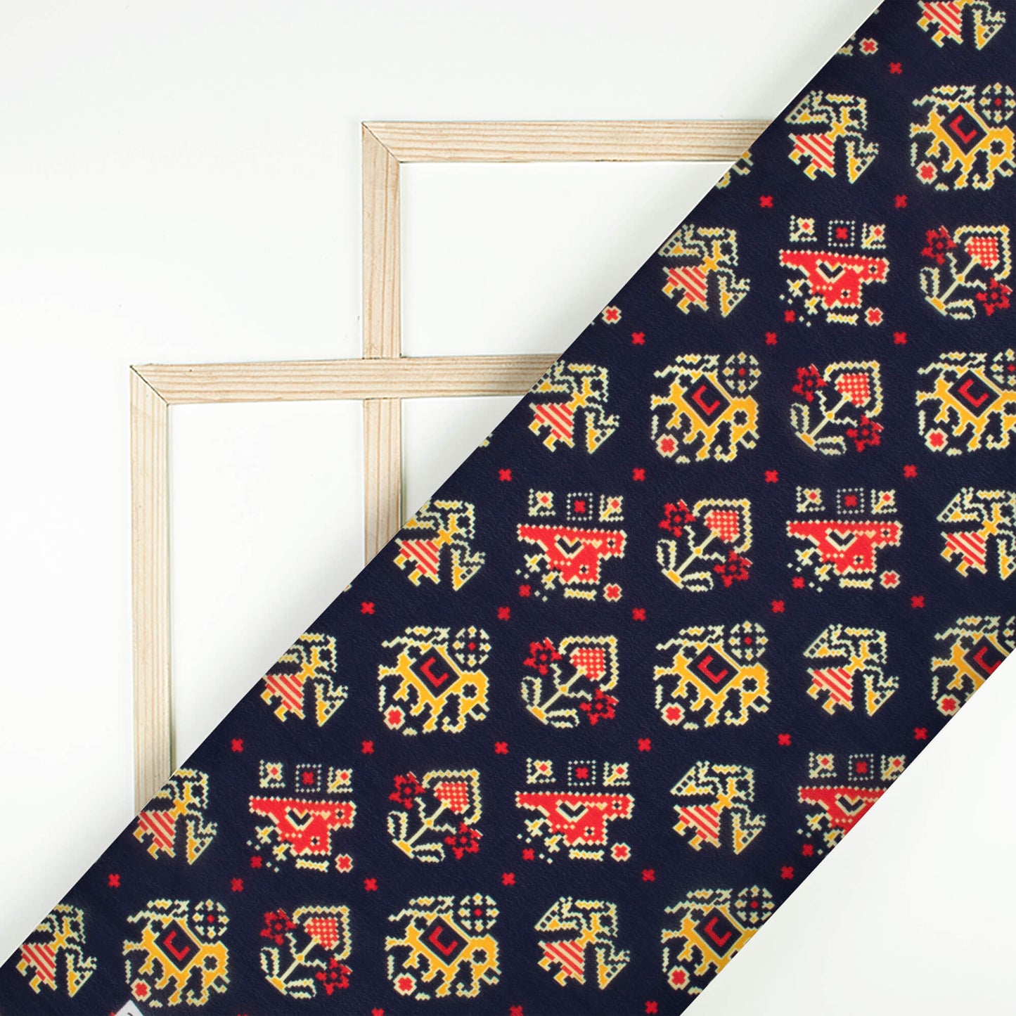 Navy Blue And Vermilion Red Patolaa Pattern Digital Print Viscose Natural Crepe Fabric