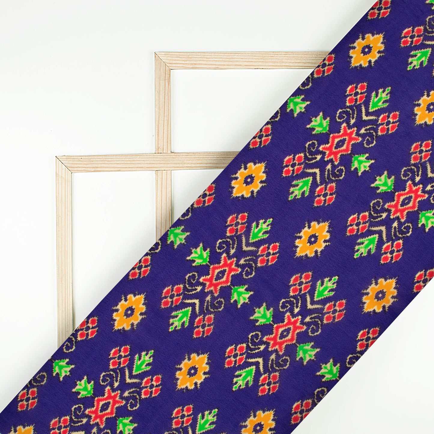 Indigo Blue And Honey Yellow Patolaa Pattern Digital Print Viscose Natural Crepe Fabric