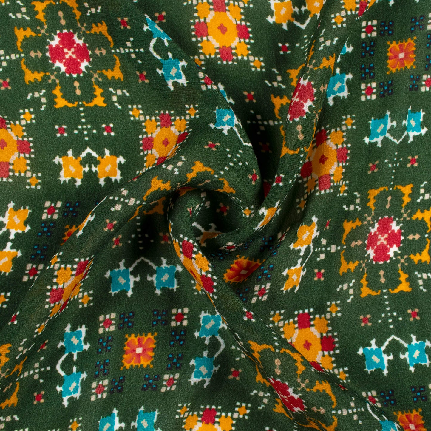 Forest Green And Honey Yellow Patolaa Pattern Digital Print Viscose Natural Crepe Fabric