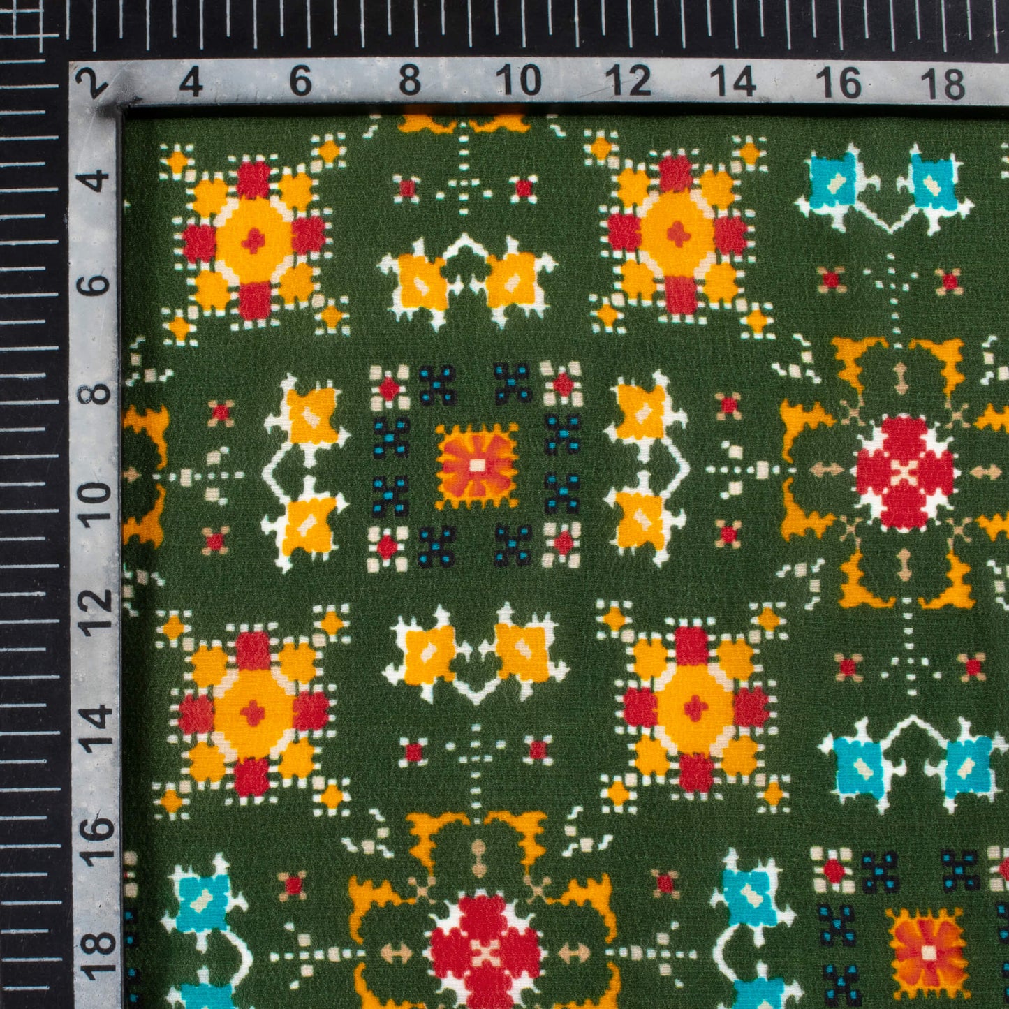 Forest Green And Honey Yellow Patolaa Pattern Digital Print Viscose Natural Crepe Fabric