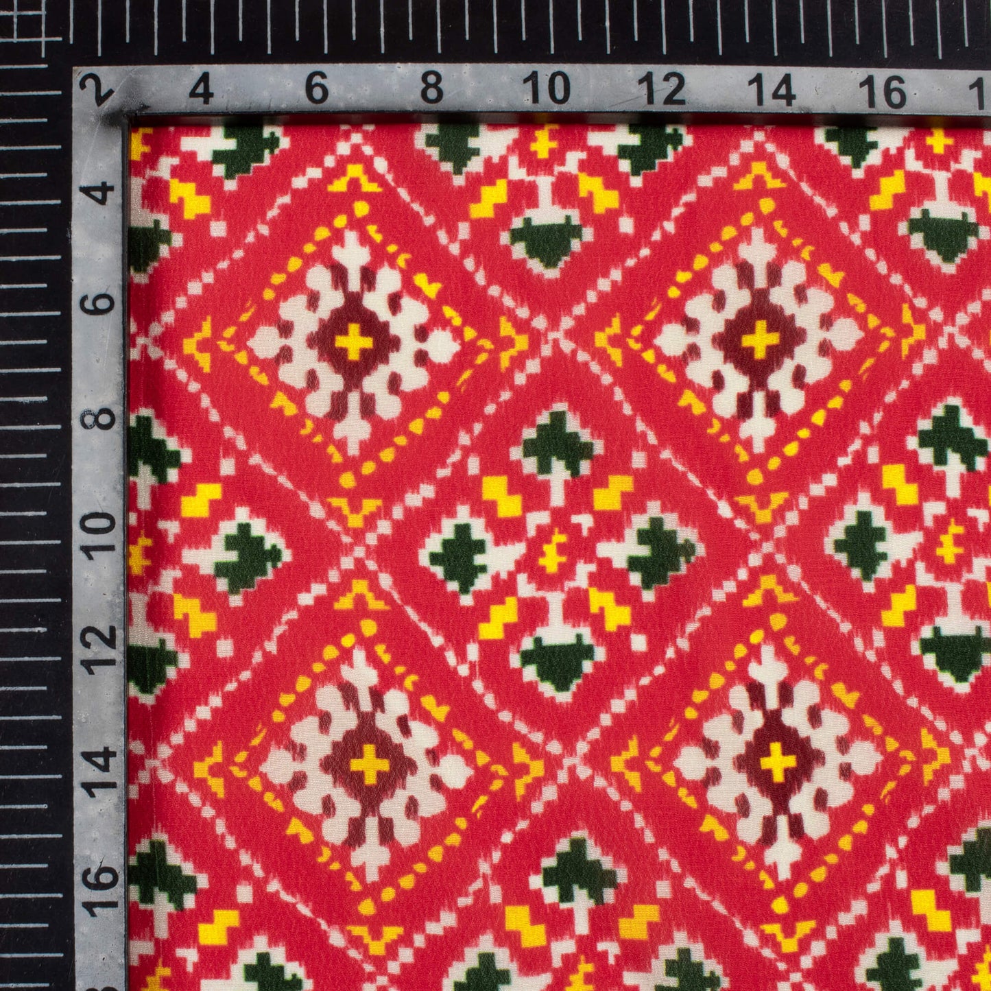 Vermilion Red And Dark Green Patolaa Pattern Digital Print Viscose Natural Crepe Fabric