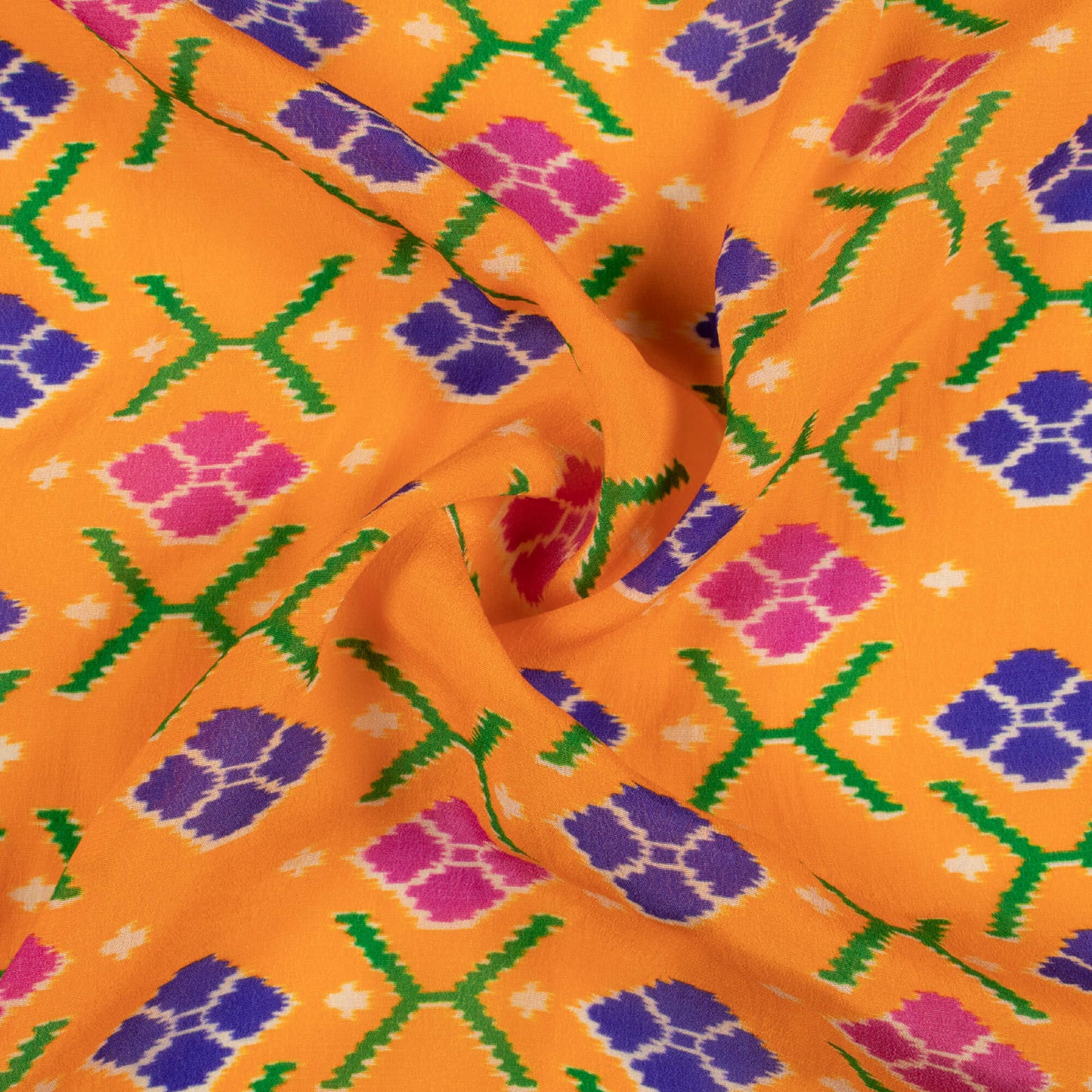 Carrot Orange And Blue Patolaa Pattern Digital Print Viscose Natural Crepe Fabric