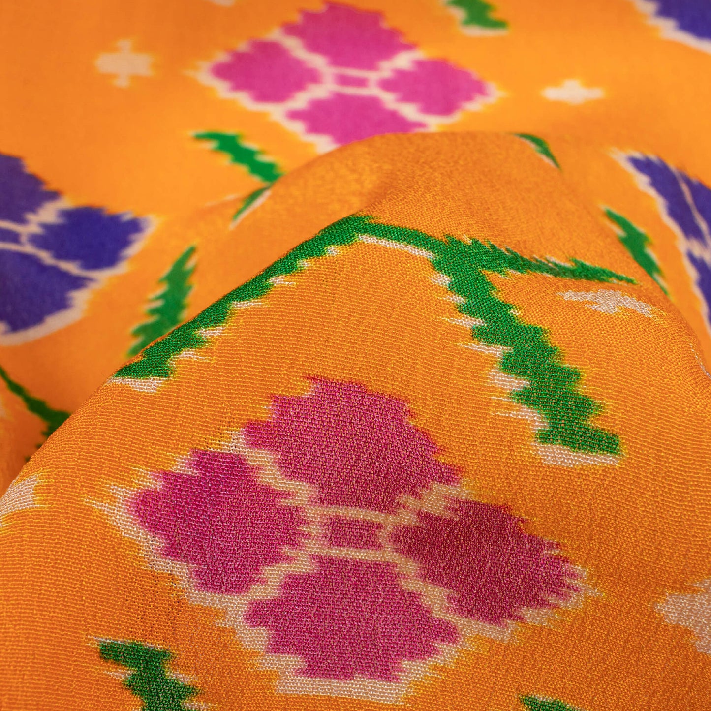 Carrot Orange And Blue Patolaa Pattern Digital Print Viscose Natural Crepe Fabric