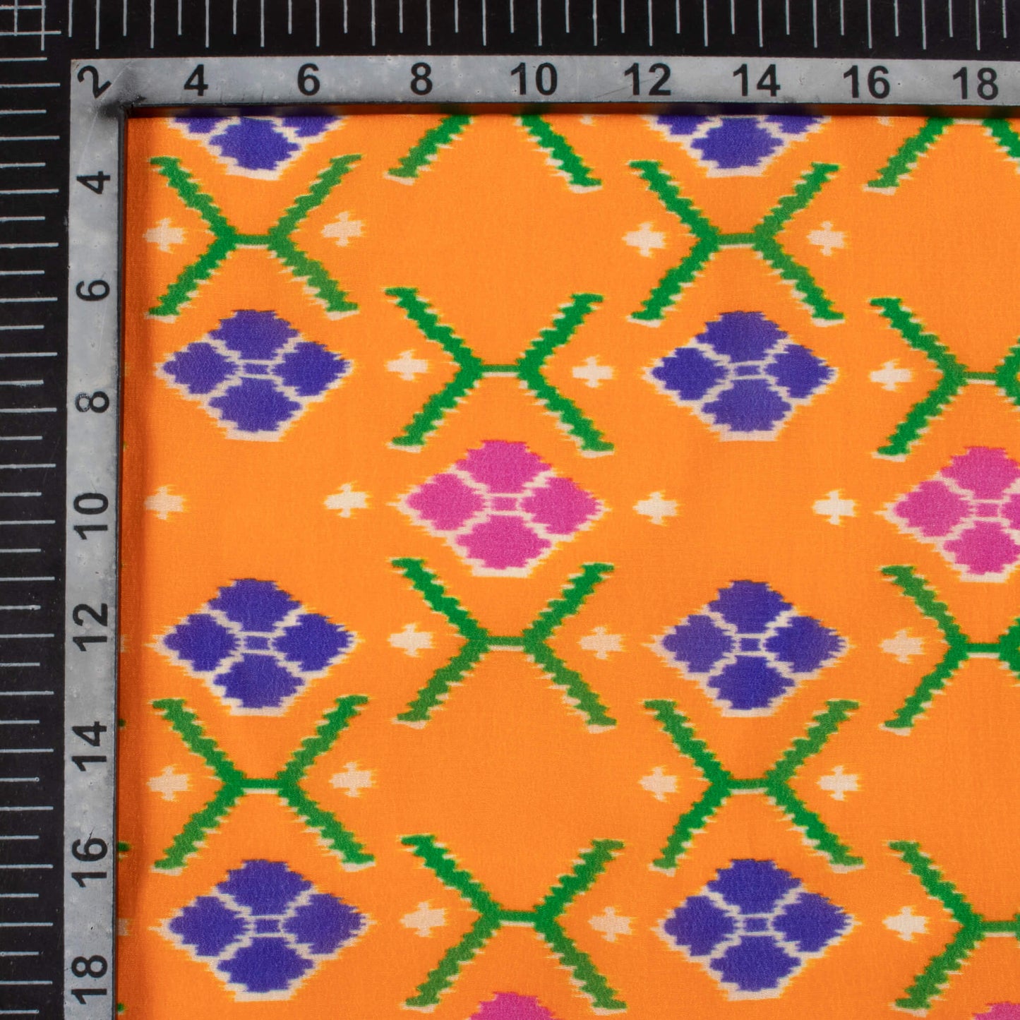 Carrot Orange And Blue Patolaa Pattern Digital Print Viscose Natural Crepe Fabric