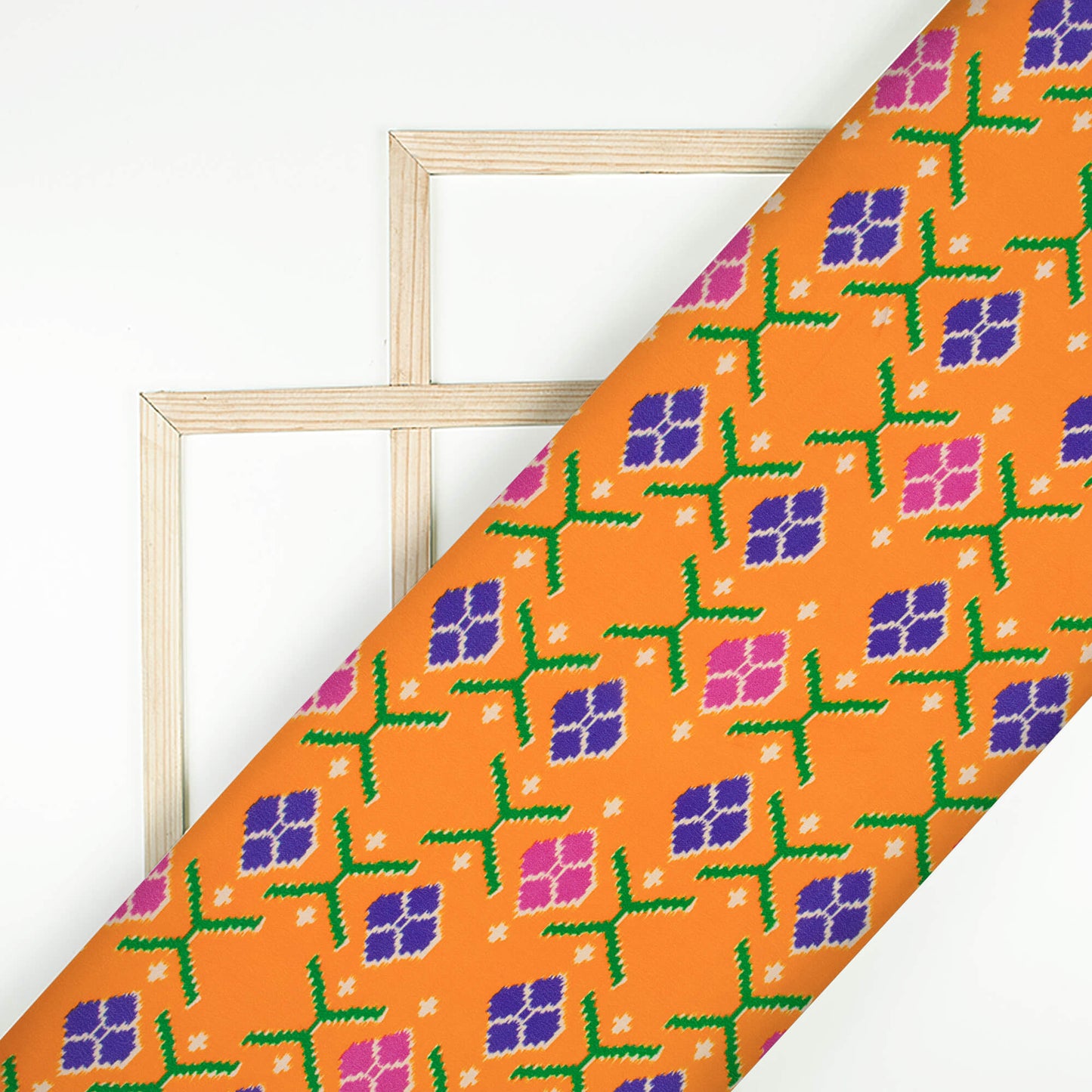 Carrot Orange And Blue Patolaa Pattern Digital Print Viscose Natural Crepe Fabric