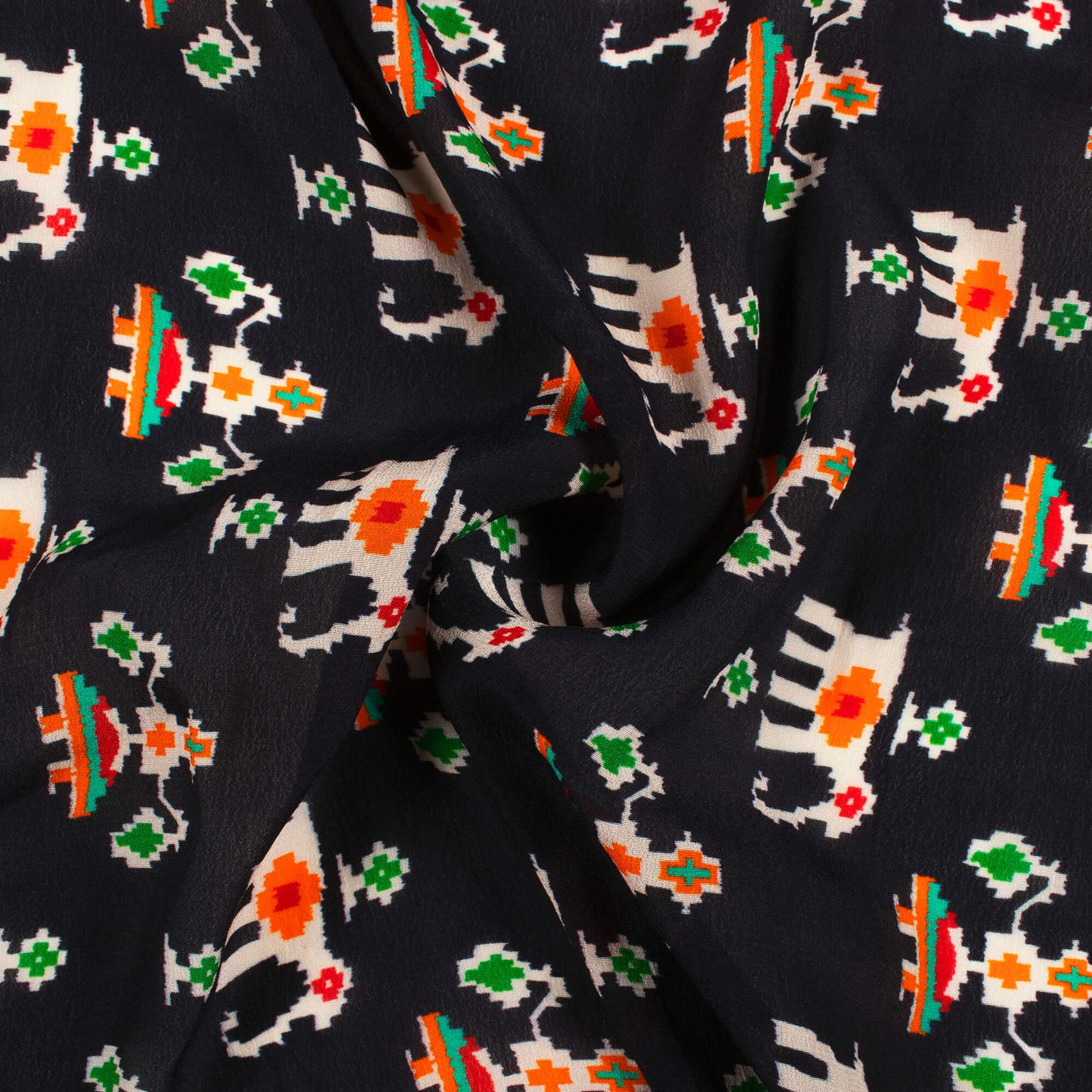 Black And Orange Patolaa Pattern Digital Print Viscose Natural Crepe Fabric