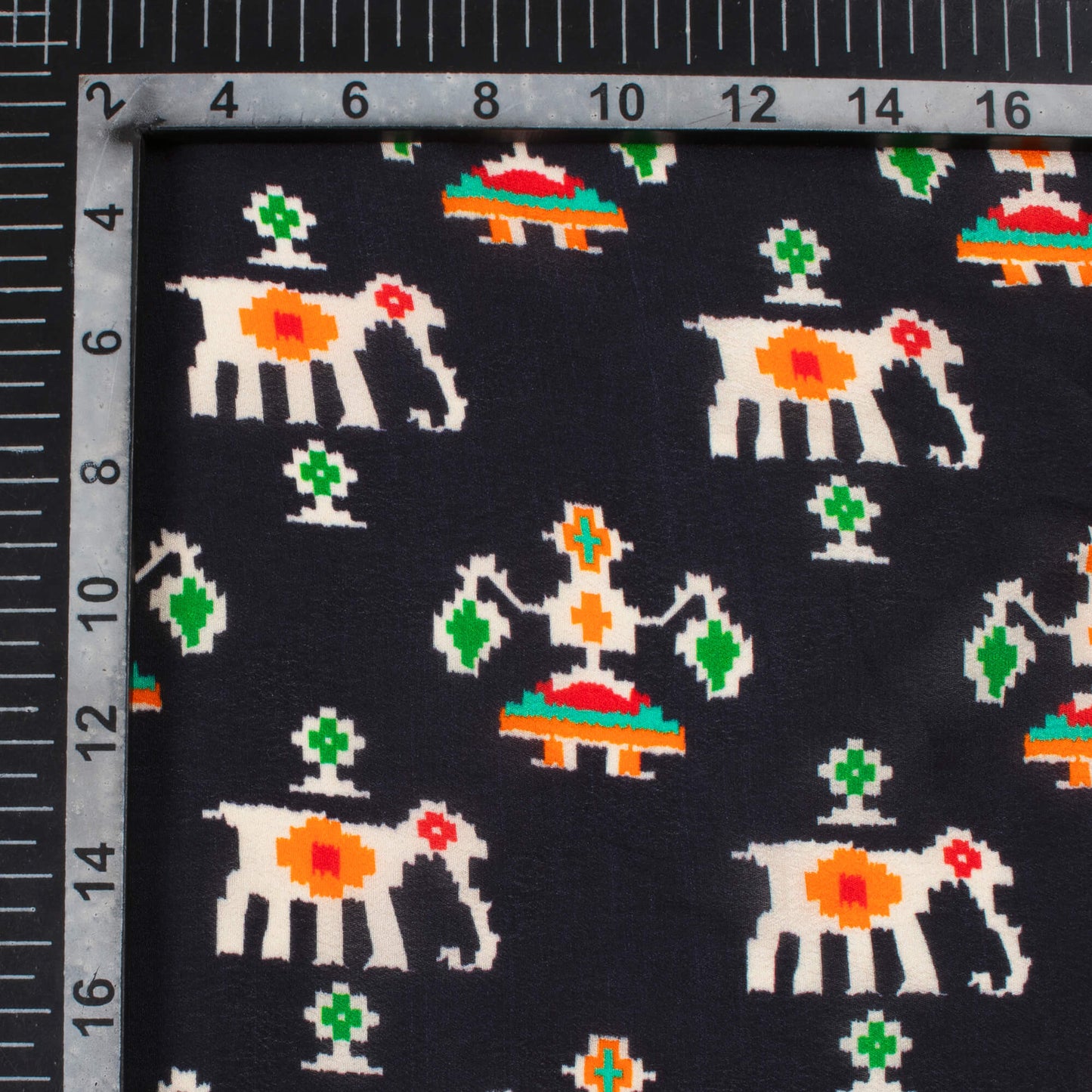 Black And Orange Patolaa Pattern Digital Print Viscose Natural Crepe Fabric
