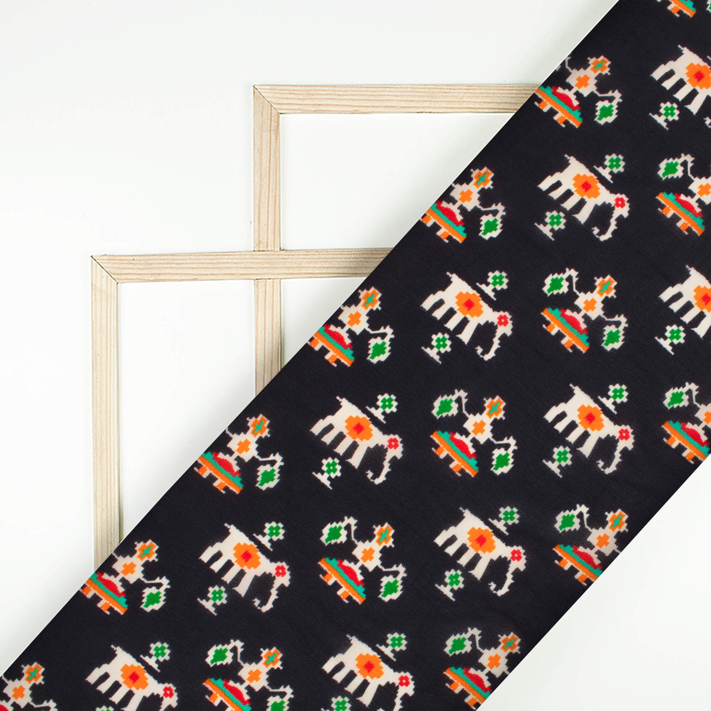 Black And Orange Patolaa Pattern Digital Print Viscose Natural Crepe Fabric