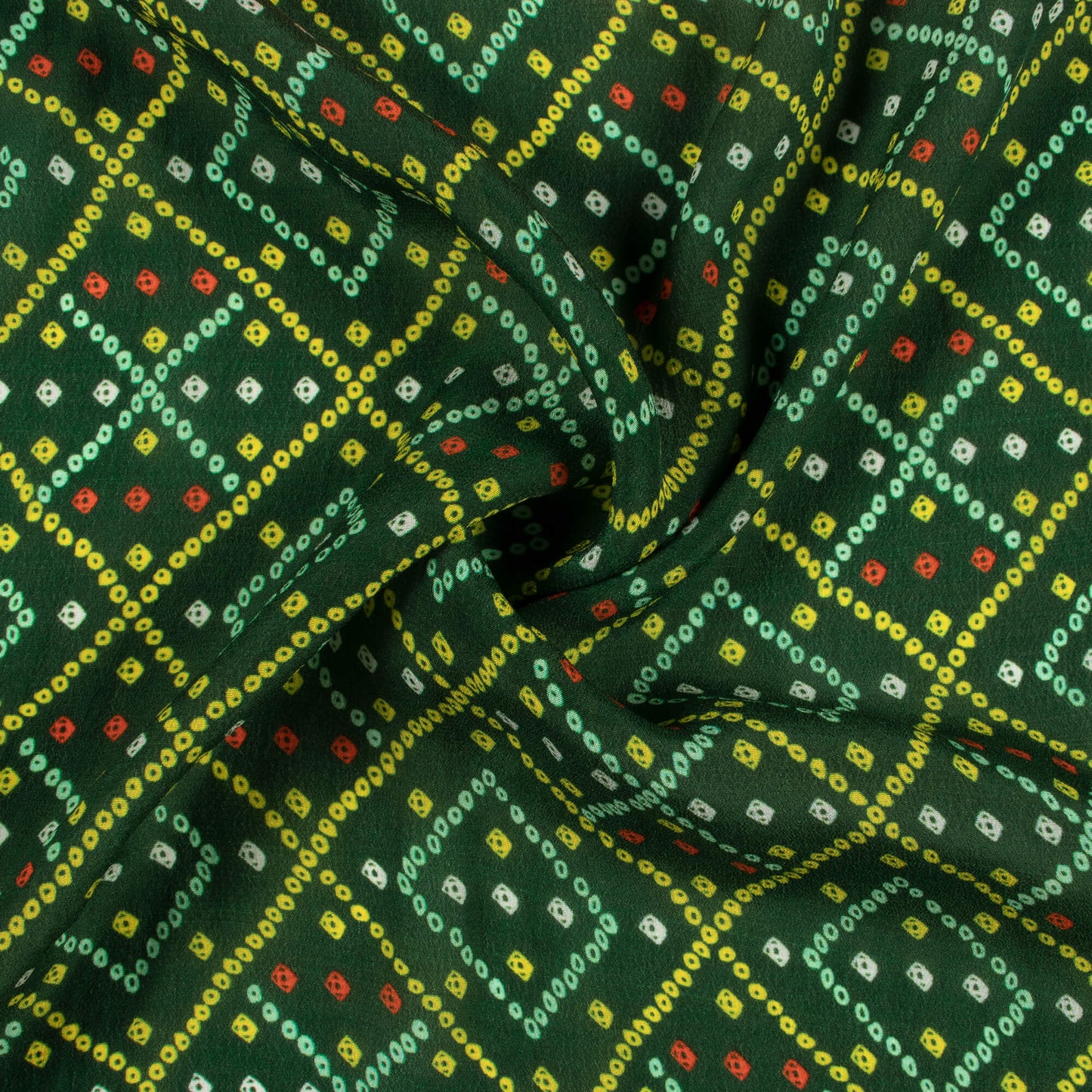 Forest Green And Lemon Yellow Bandhanii Pattern Digital Print Viscose Natural Crepe Fabric