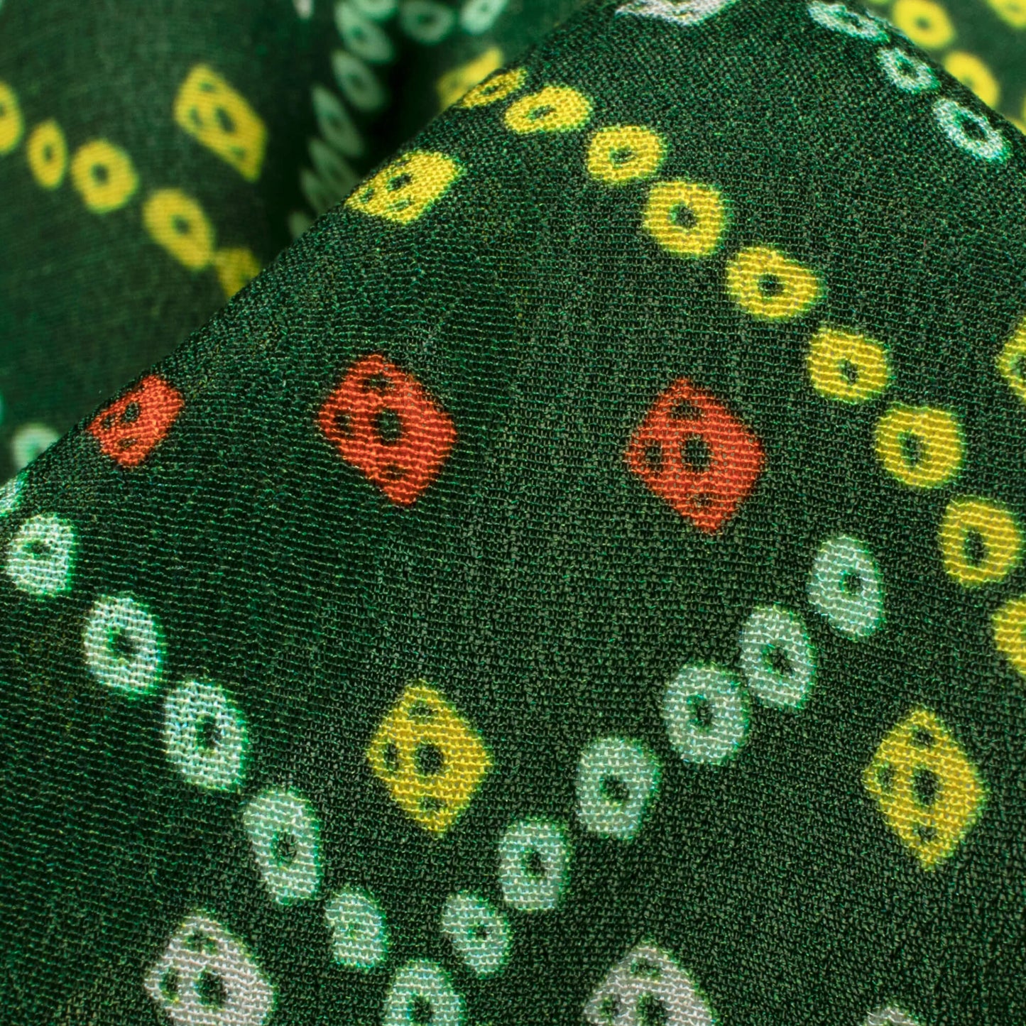 Forest Green And Lemon Yellow Bandhanii Pattern Digital Print Viscose Natural Crepe Fabric