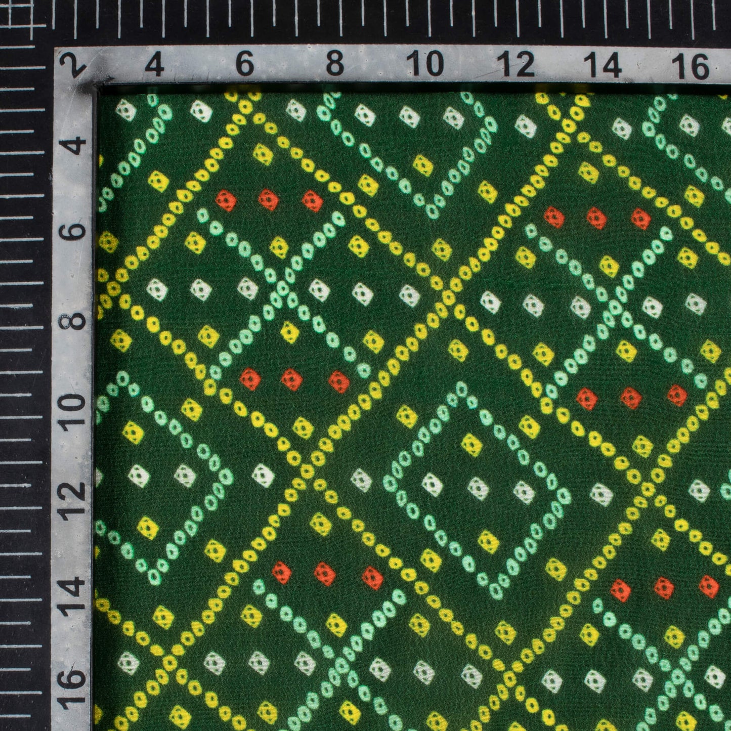 Forest Green And Lemon Yellow Bandhanii Pattern Digital Print Viscose Natural Crepe Fabric