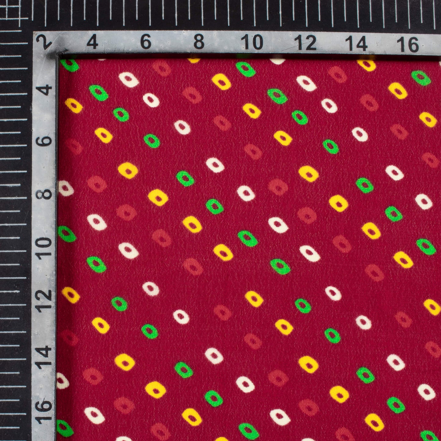 Maroon And Yellow Bandhanii Pattern Digital Print Viscose Natural Crepe Fabric