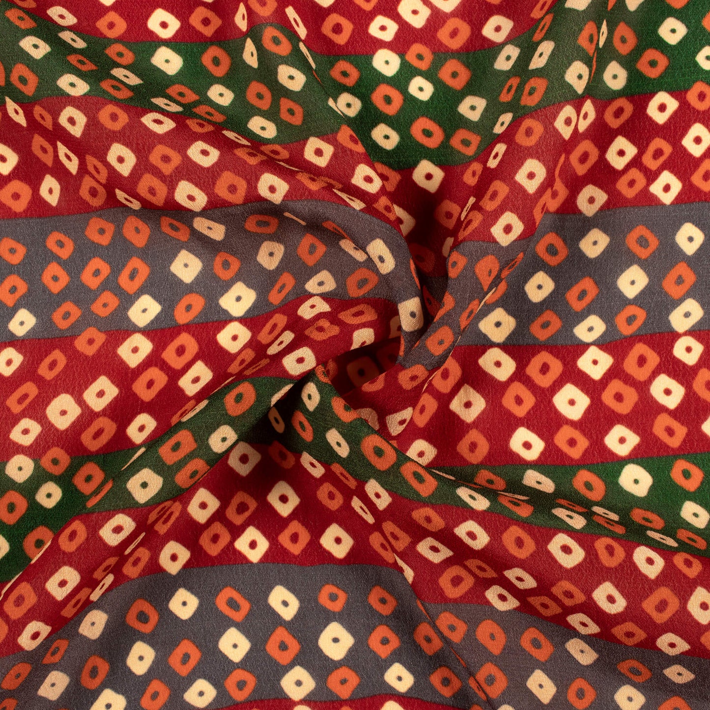 Blood Red And Cream Bandhanii Pattern Digital Print Viscose Natural Crepe Fabric
