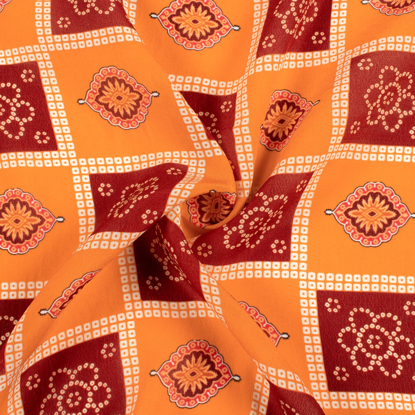 Tangrine Orange And Maroon Traditional Pattern Digital Print Viscose Natural Crepe Fabric