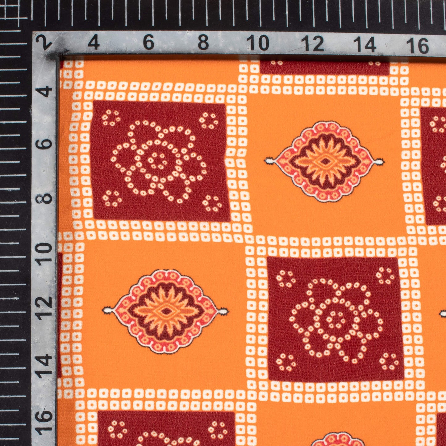 Tangrine Orange And Maroon Traditional Pattern Digital Print Viscose Natural Crepe Fabric
