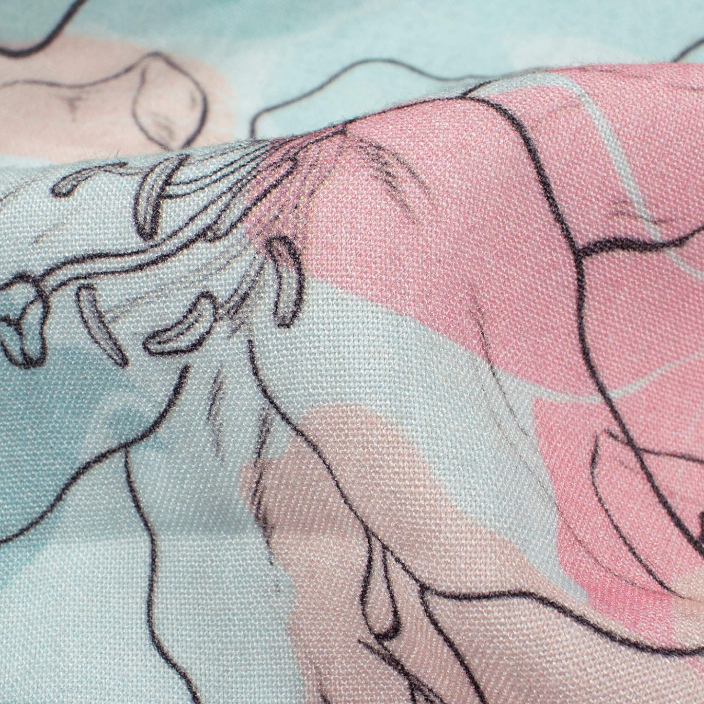 Stone Blue And Baby Pink Floral Pattern Digital Print Viscose Rayon Fabric (Width 58 Inches)