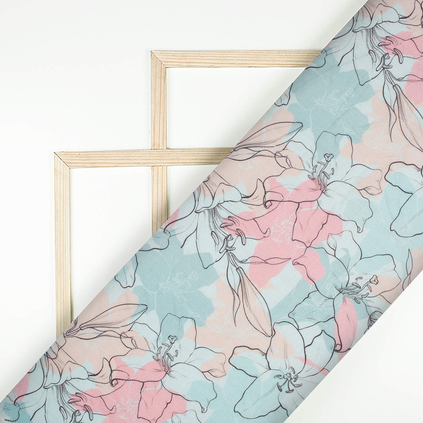 Stone Blue And Baby Pink Floral Pattern Digital Print Viscose Rayon Fabric (Width 58 Inches)