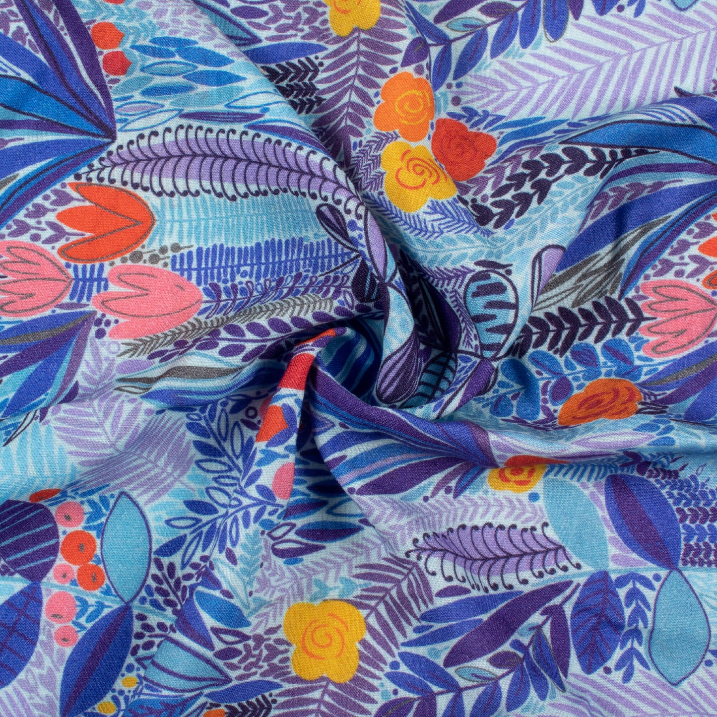 Navy Blue And Red Leaf Pattern Digital Print Viscose Rayon Fabric (Width 58 Inches)