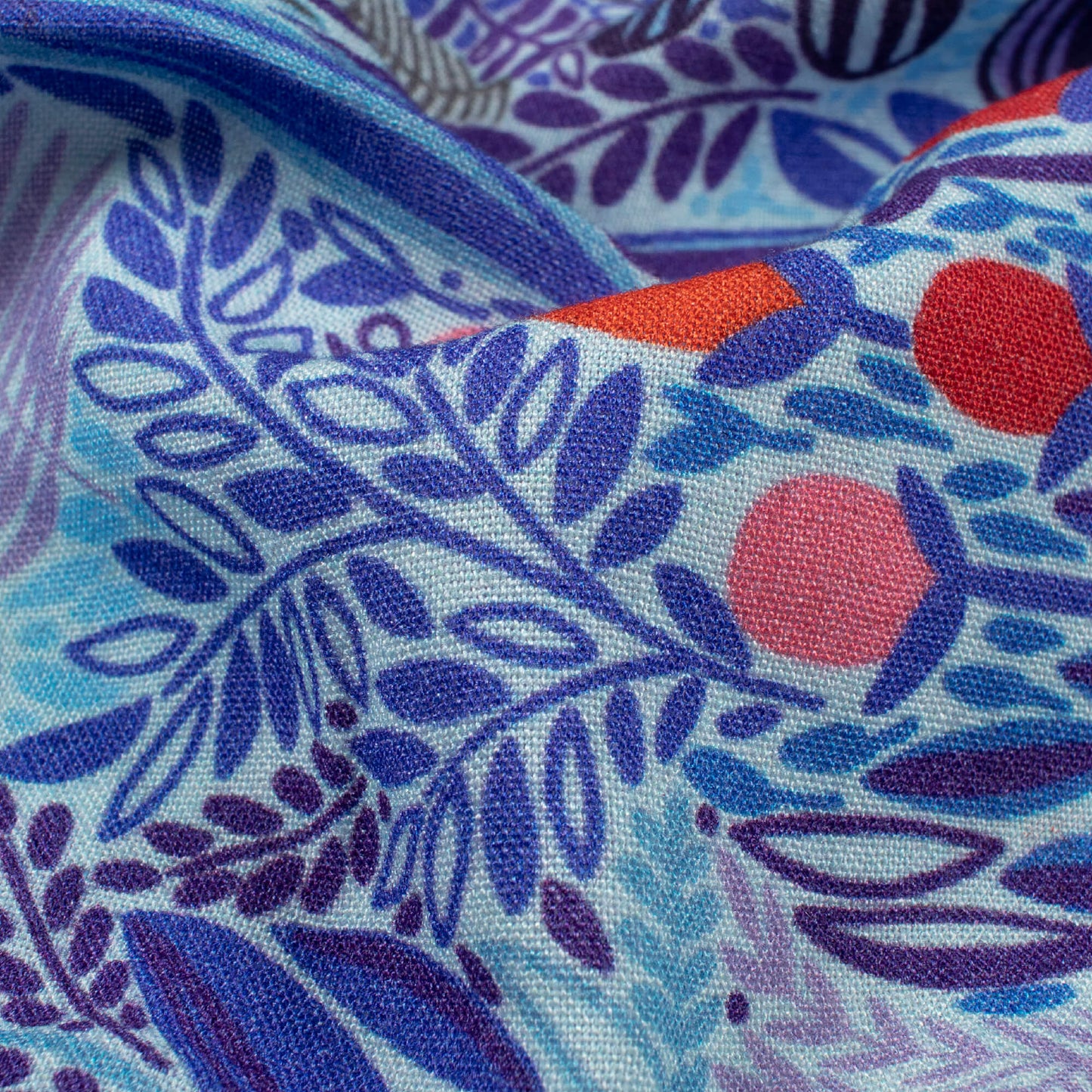 Navy Blue And Red Leaf Pattern Digital Print Viscose Rayon Fabric (Width 58 Inches)