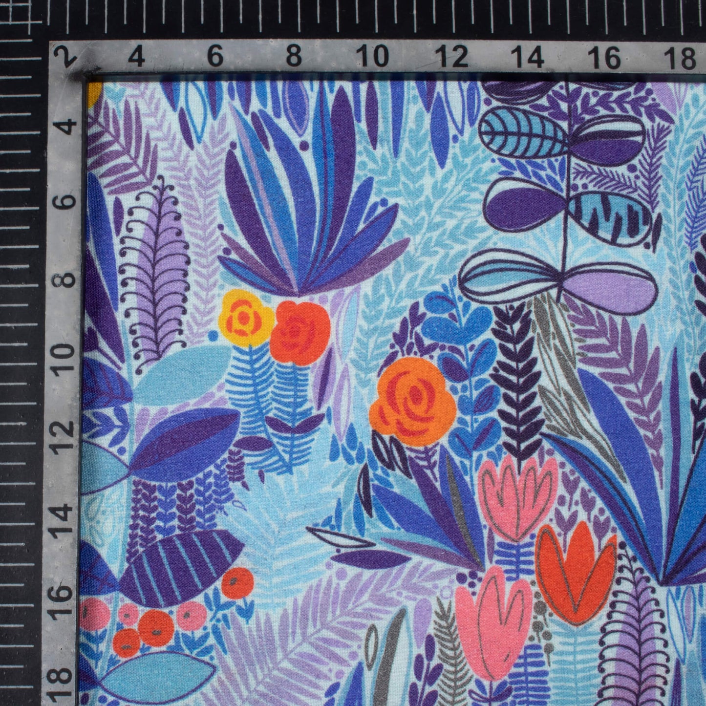 Navy Blue And Red Leaf Pattern Digital Print Viscose Rayon Fabric (Width 58 Inches)