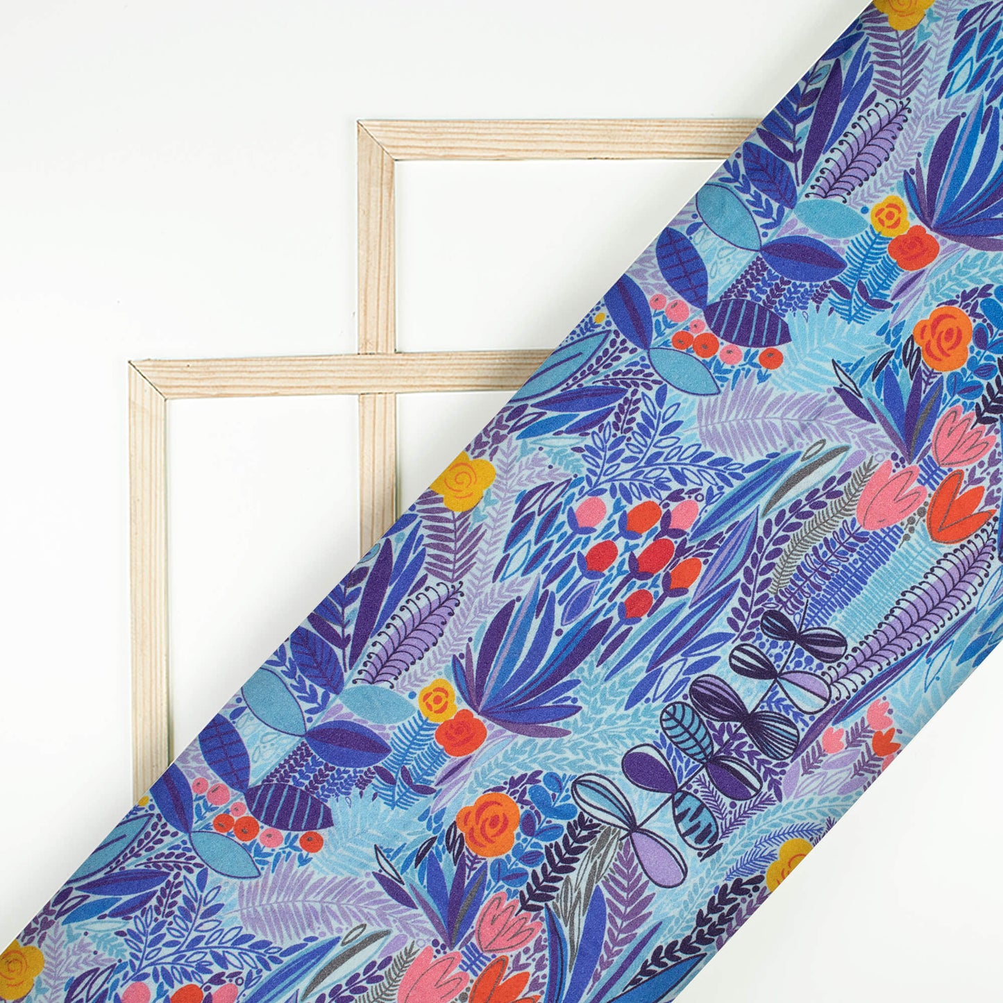 Navy Blue And Red Leaf Pattern Digital Print Viscose Rayon Fabric (Width 58 Inches)