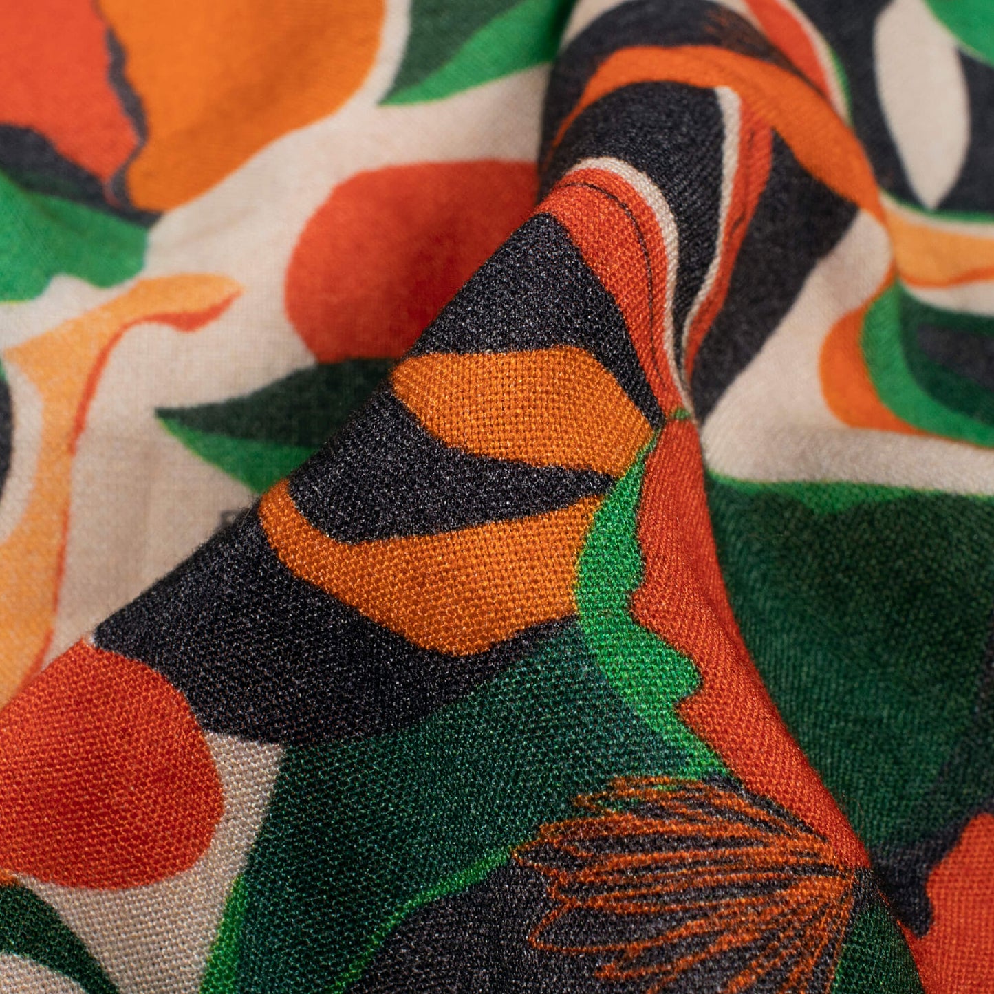 Vermilion Red And Green Abstract Pattern Digital Print Viscose Rayon Fabric (Width 58 Inches)